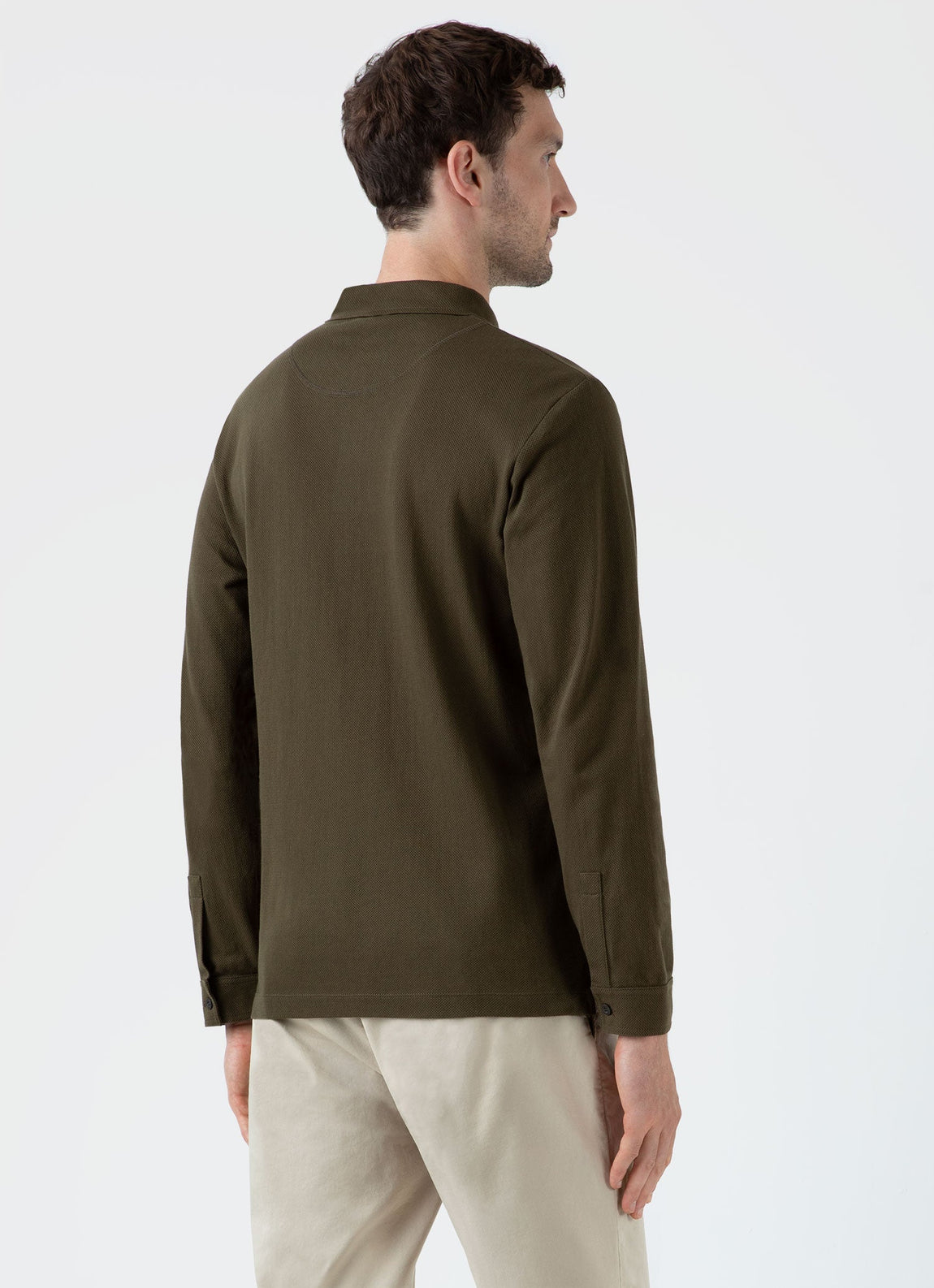 Men's Long Sleeve Riviera Polo Shirt in Dark Olive | Sunspel