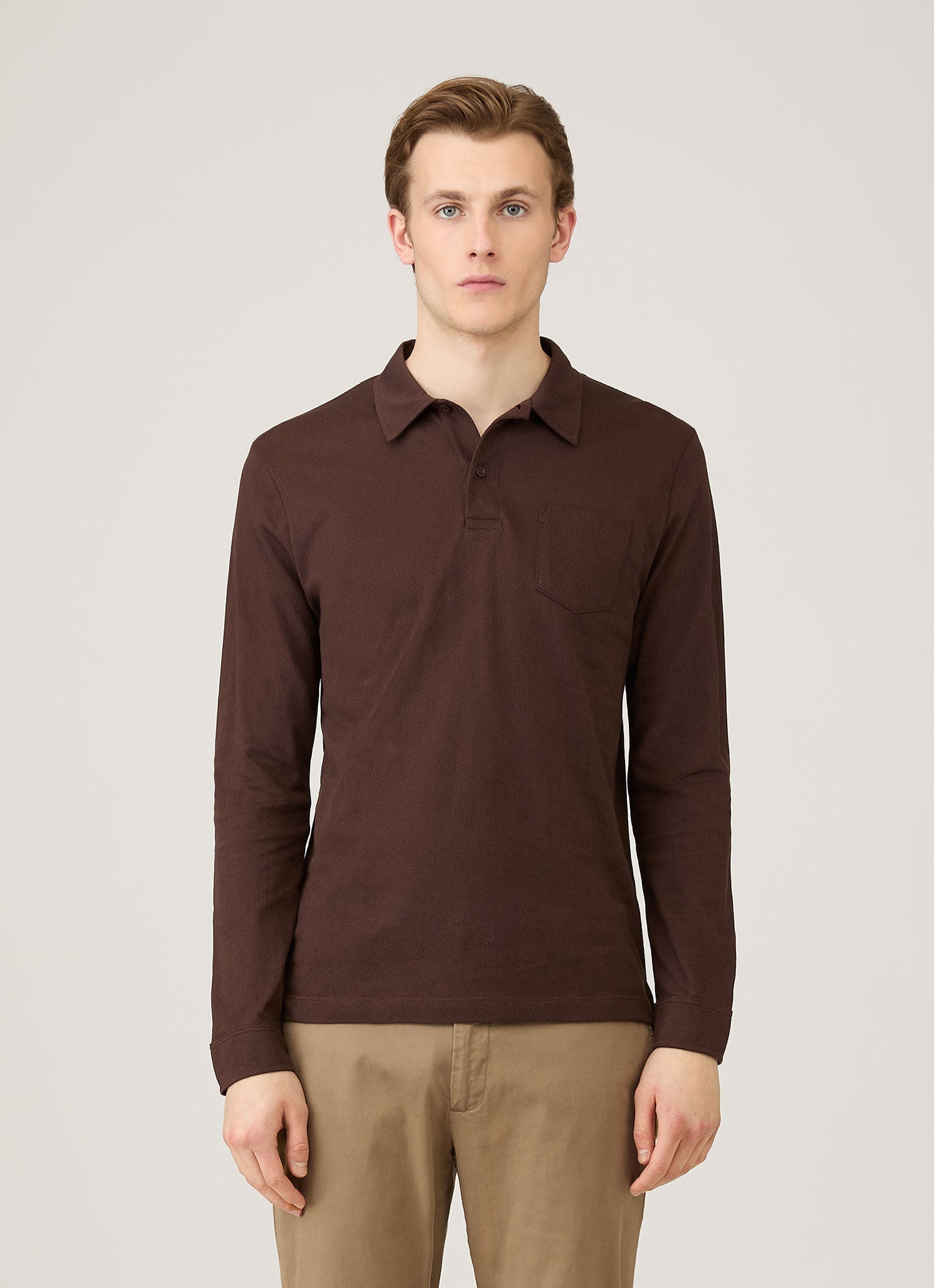 Men's Long Sleeve Riviera Polo Shirt in Bakelite | Sunspel