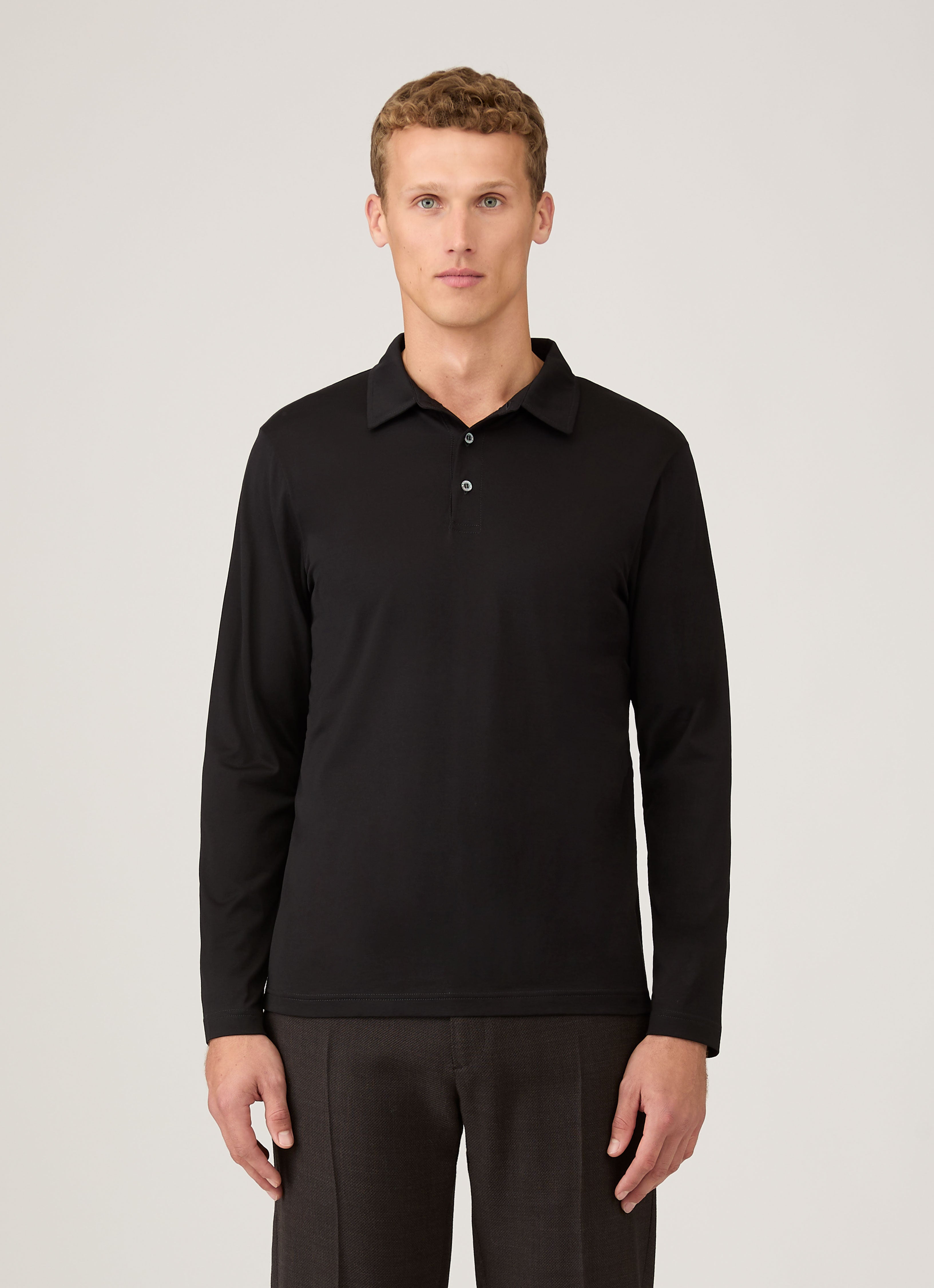 Men's Long Sleeve Classic Jersey Polo Shirt in Black | Sunspel