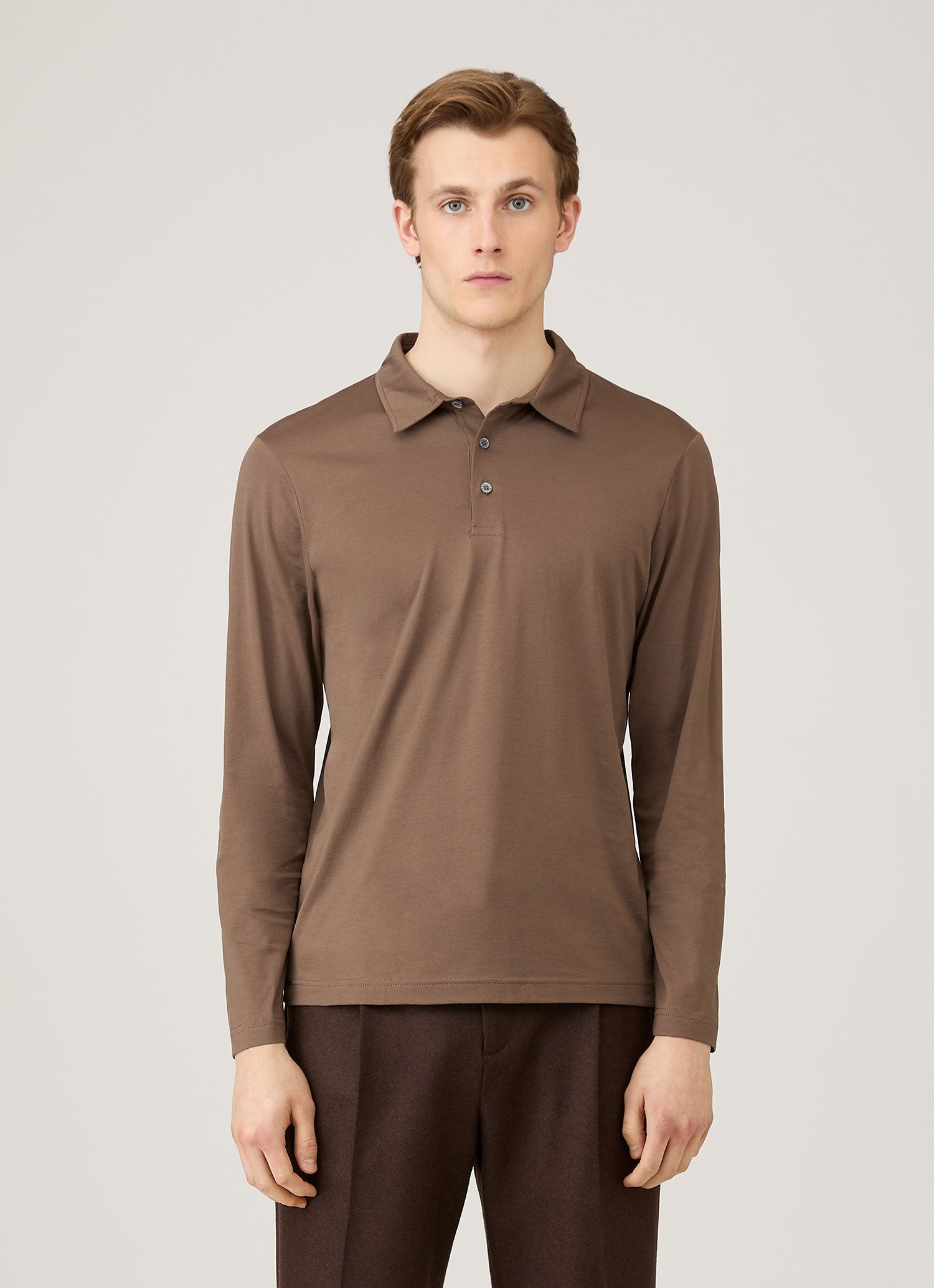 Men's Long Sleeve Classic Jersey Polo Shirt in Bark | Sunspel