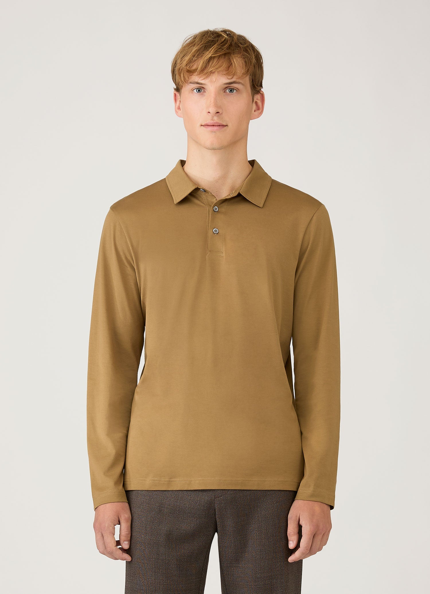 Men's Long Sleeve Classic Jersey Polo Shirt in Walnut | Sunspel