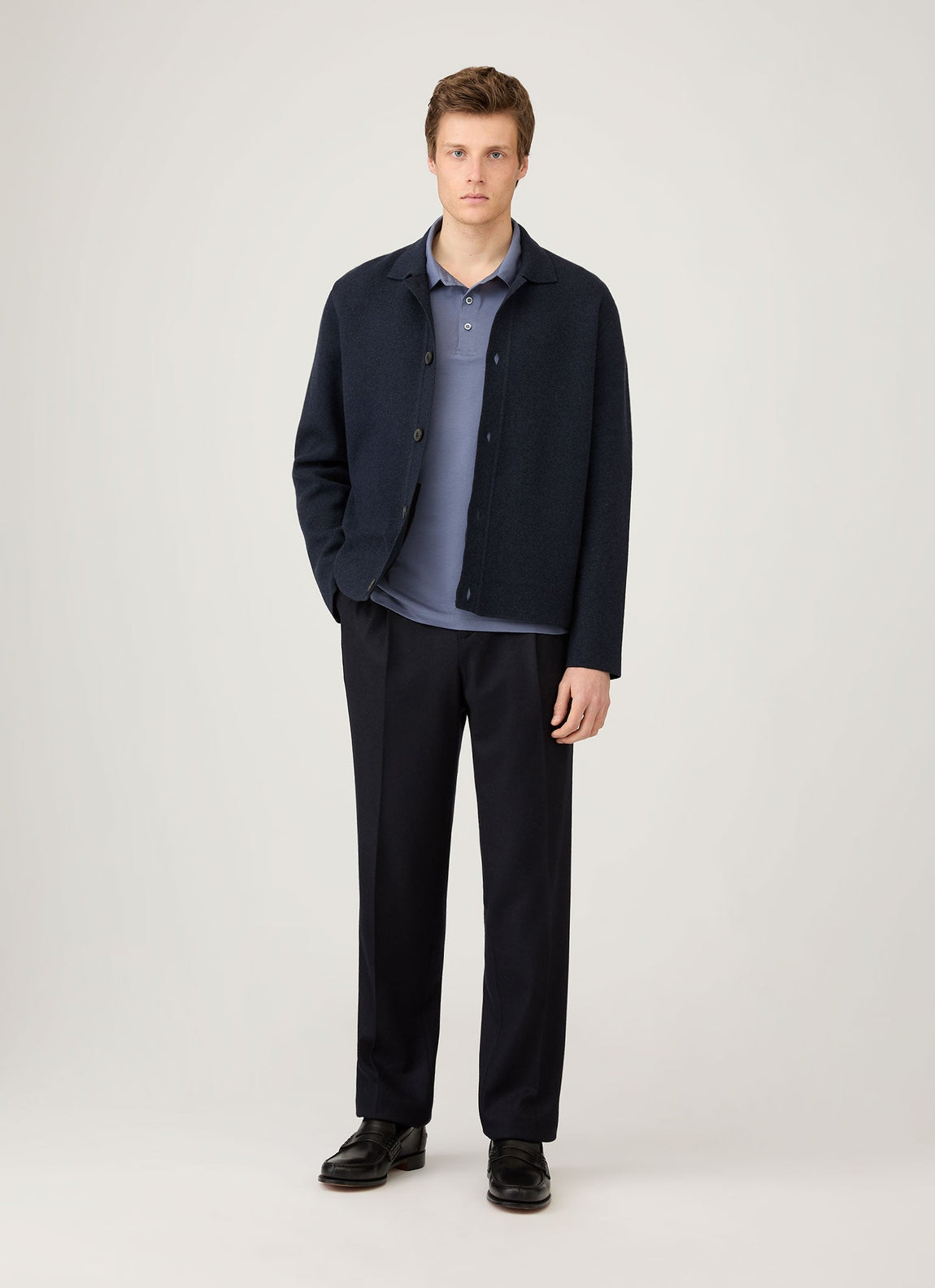 Men's Long Sleeve Classic Jersey Polo Shirt in Selvedge Blue