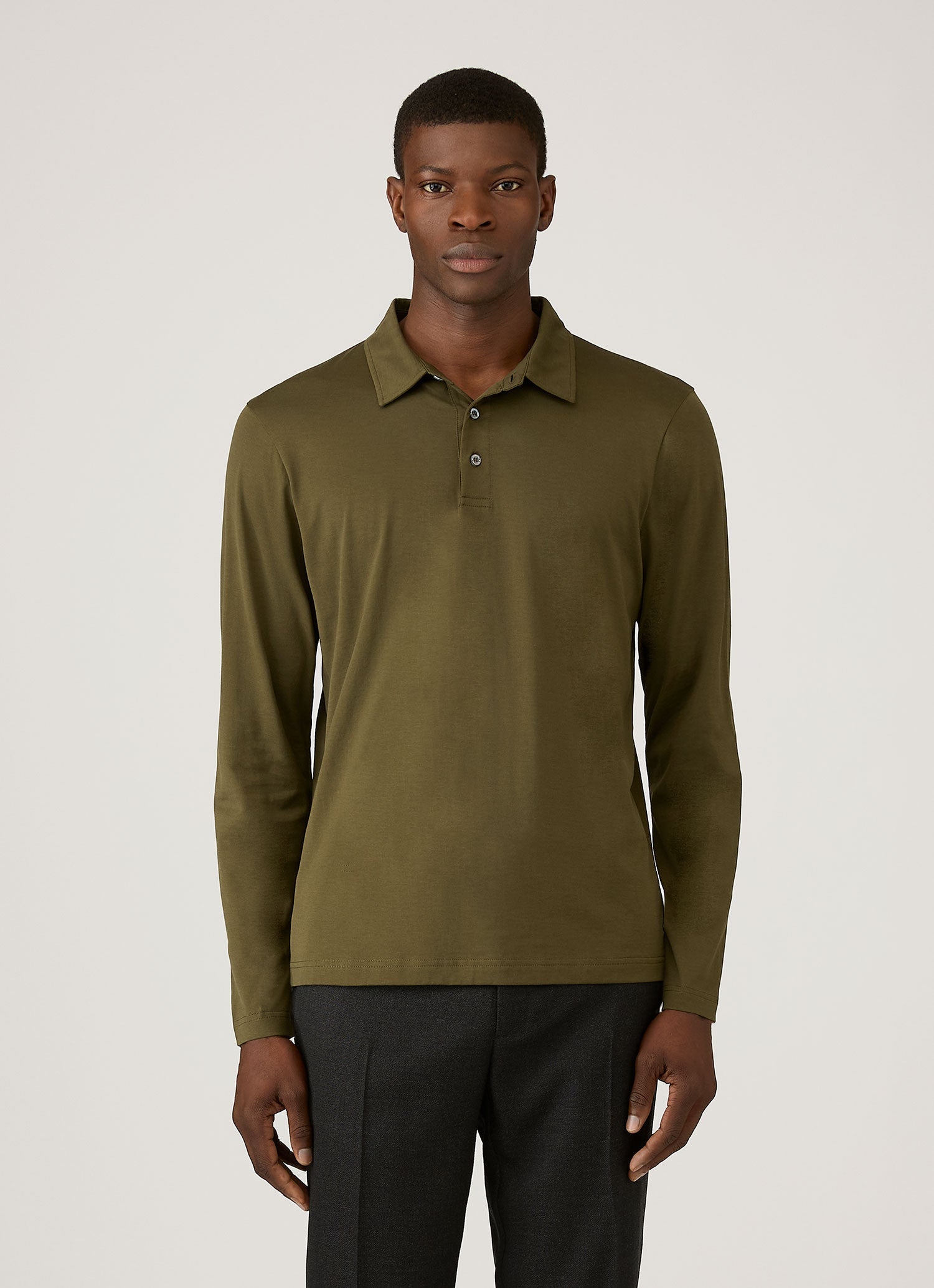 Men's Long Sleeve Classic Jersey Polo Shirt in Deep Olive | Sunspel