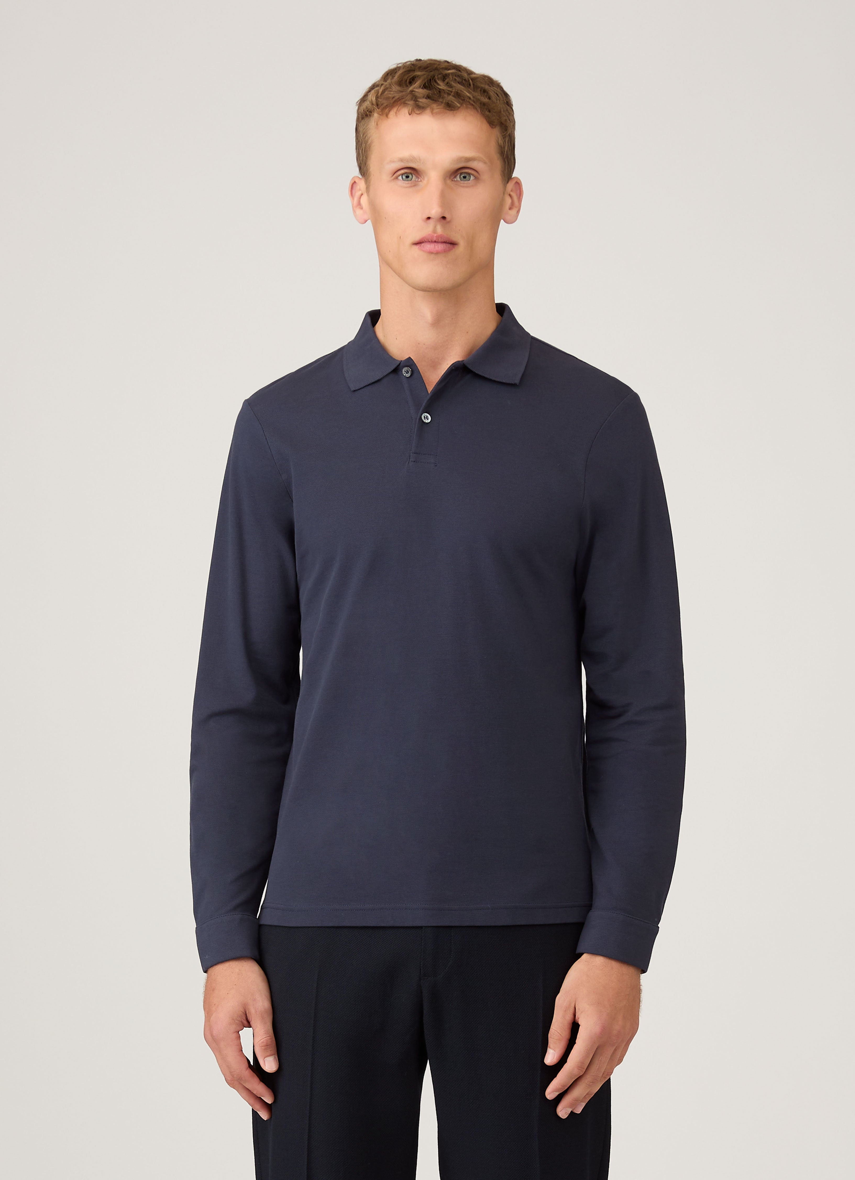 Men's Long Sleeve Piqué Polo Shirt in Navy | Sunspel