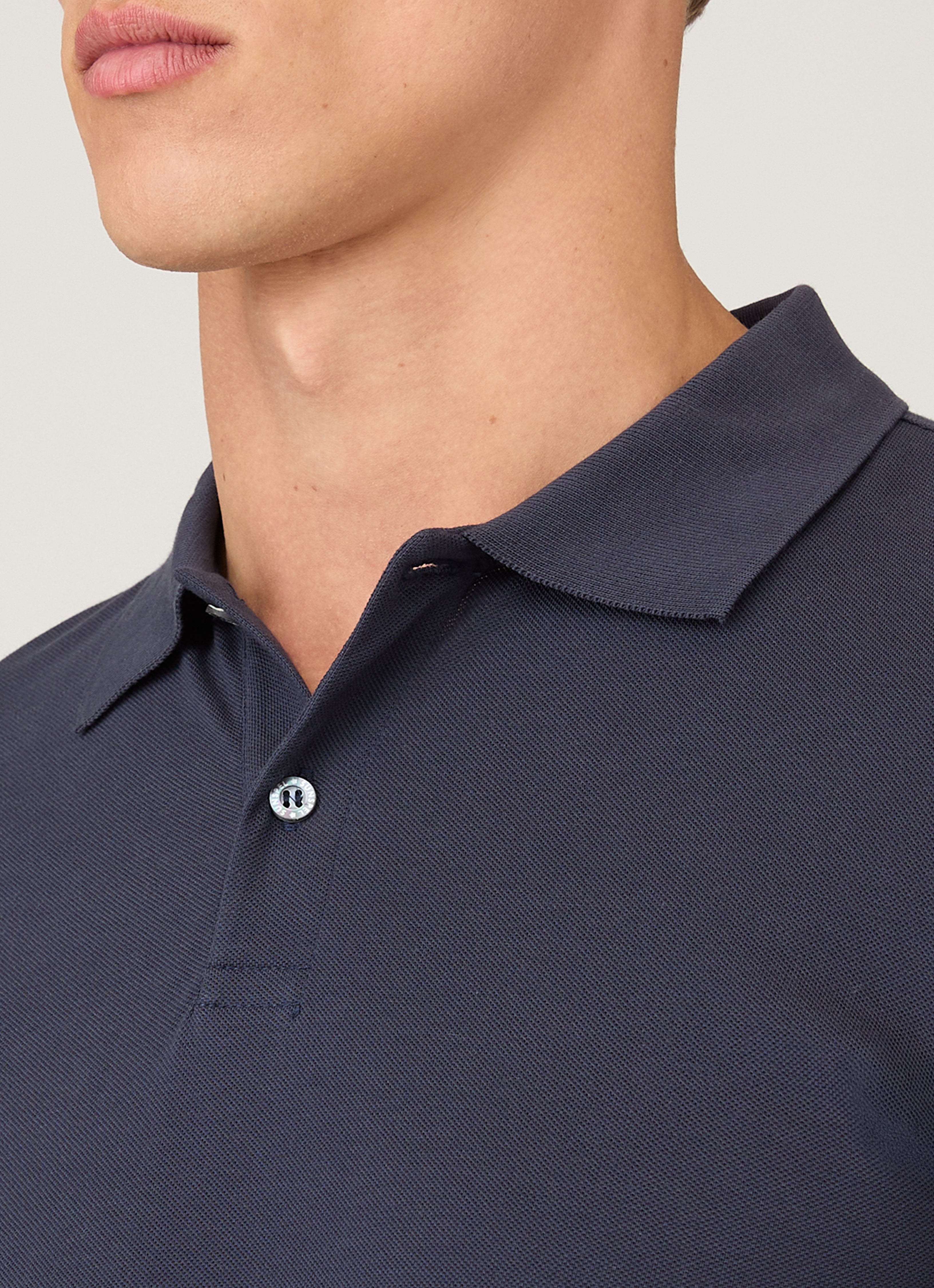 Men's Long Sleeve Piqué Polo Shirt in Navy | Sunspel