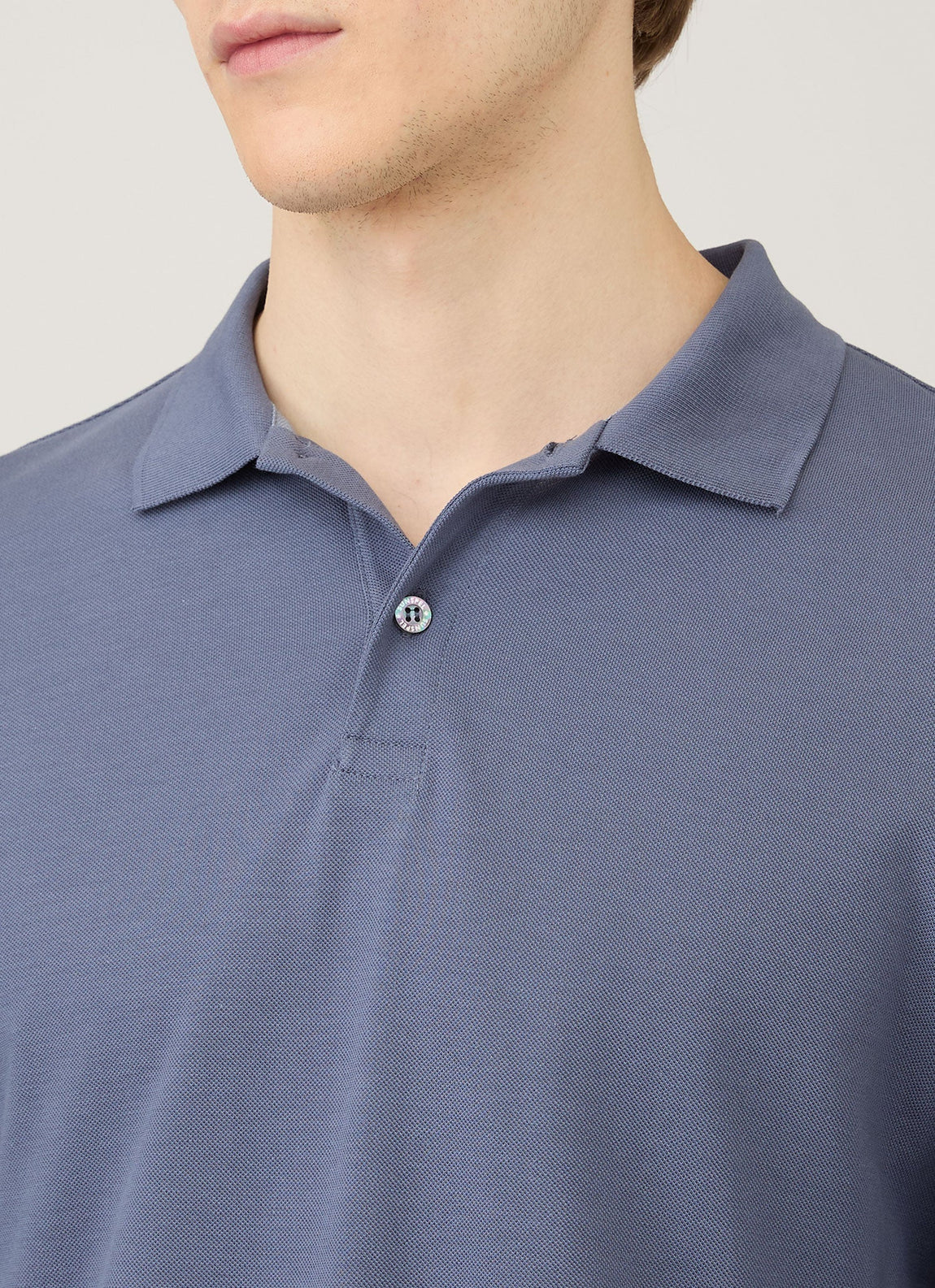 Men's Long Sleeve Piqué Polo Shirt in Selvedge Blue