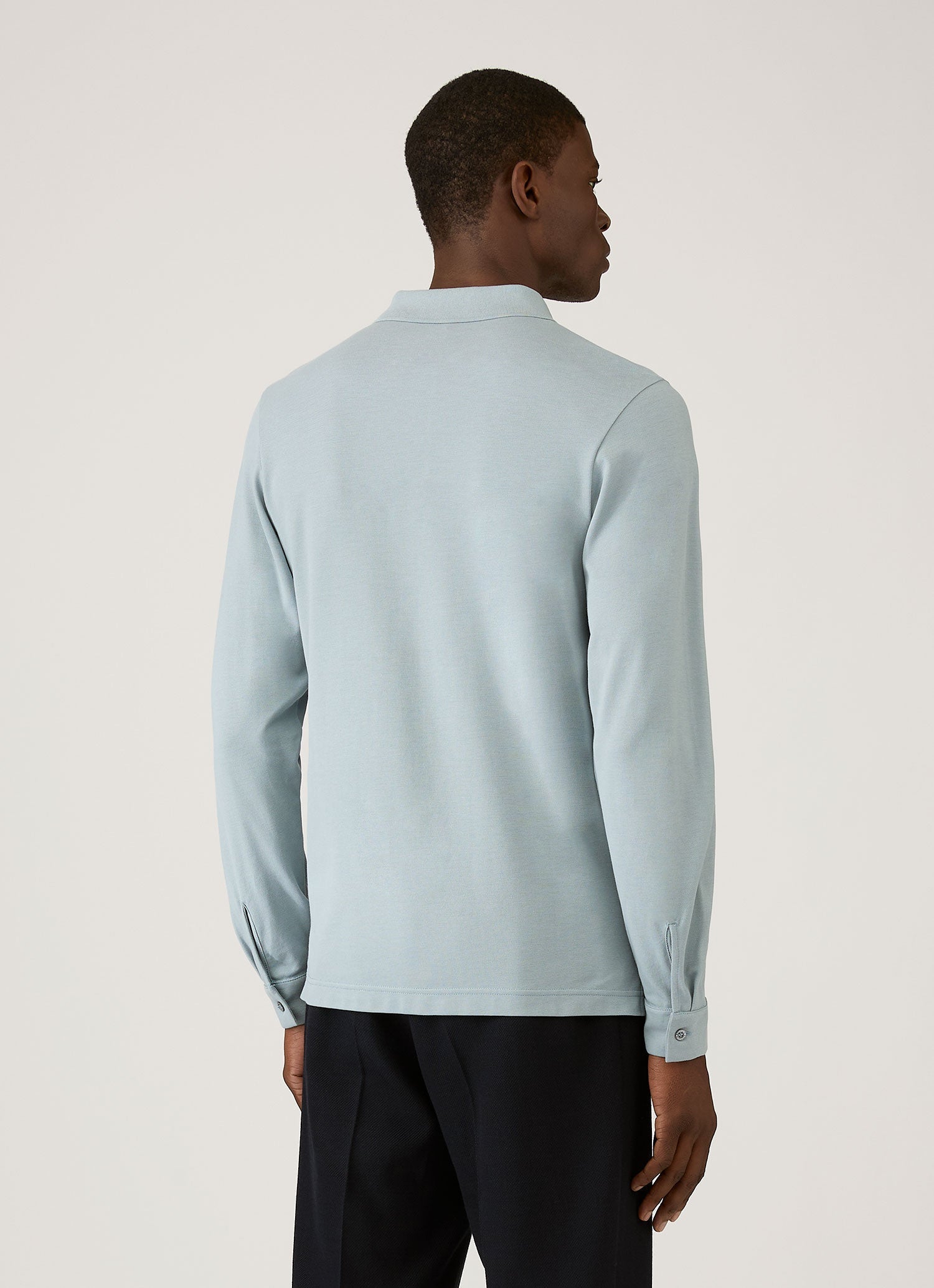 Men's Long Sleeve Piqué Polo Shirt in Stone Blue | Sunspel