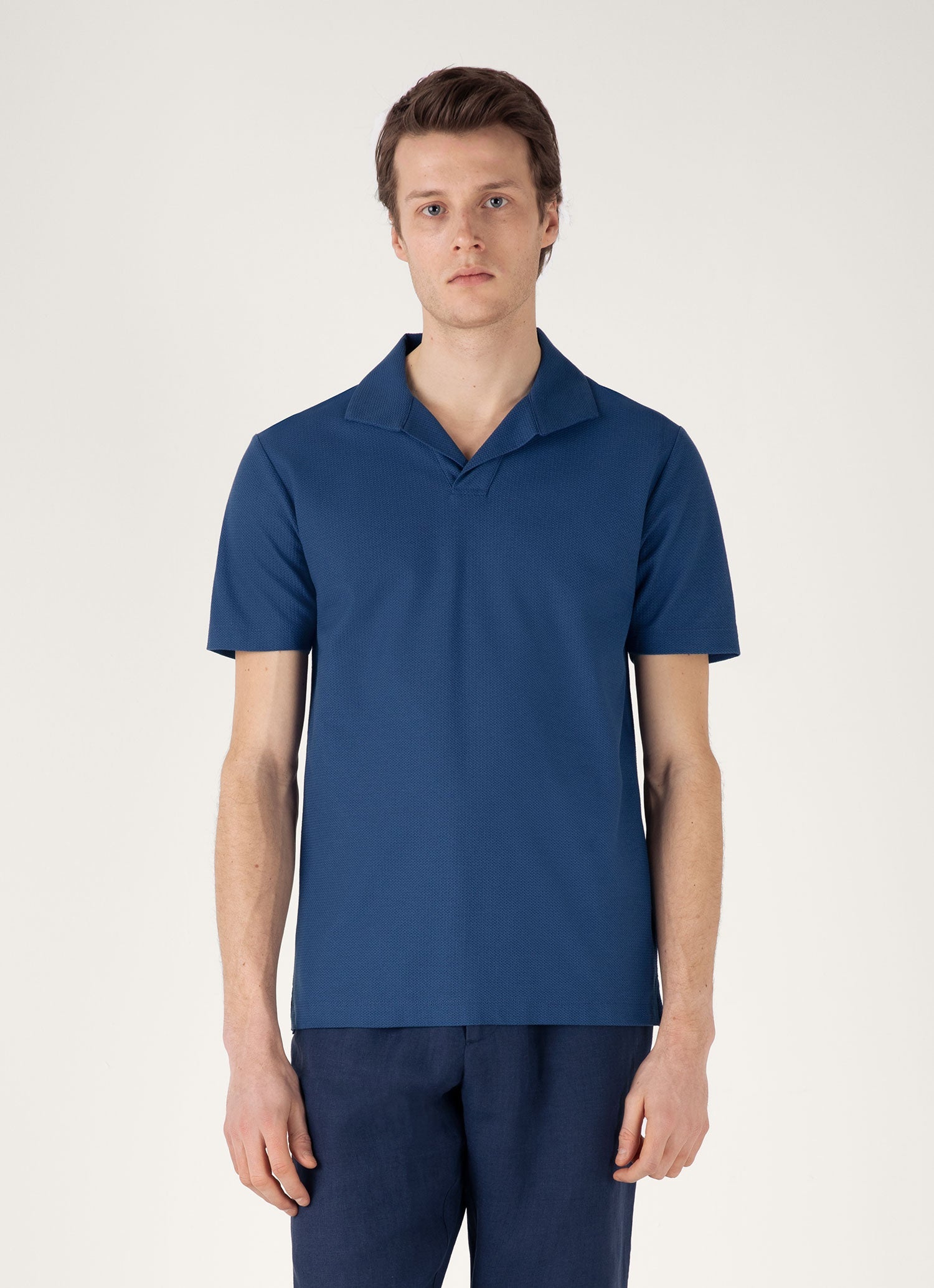 Men's Textured Jersey Polo Shirt in Soft Denim | Sunspel