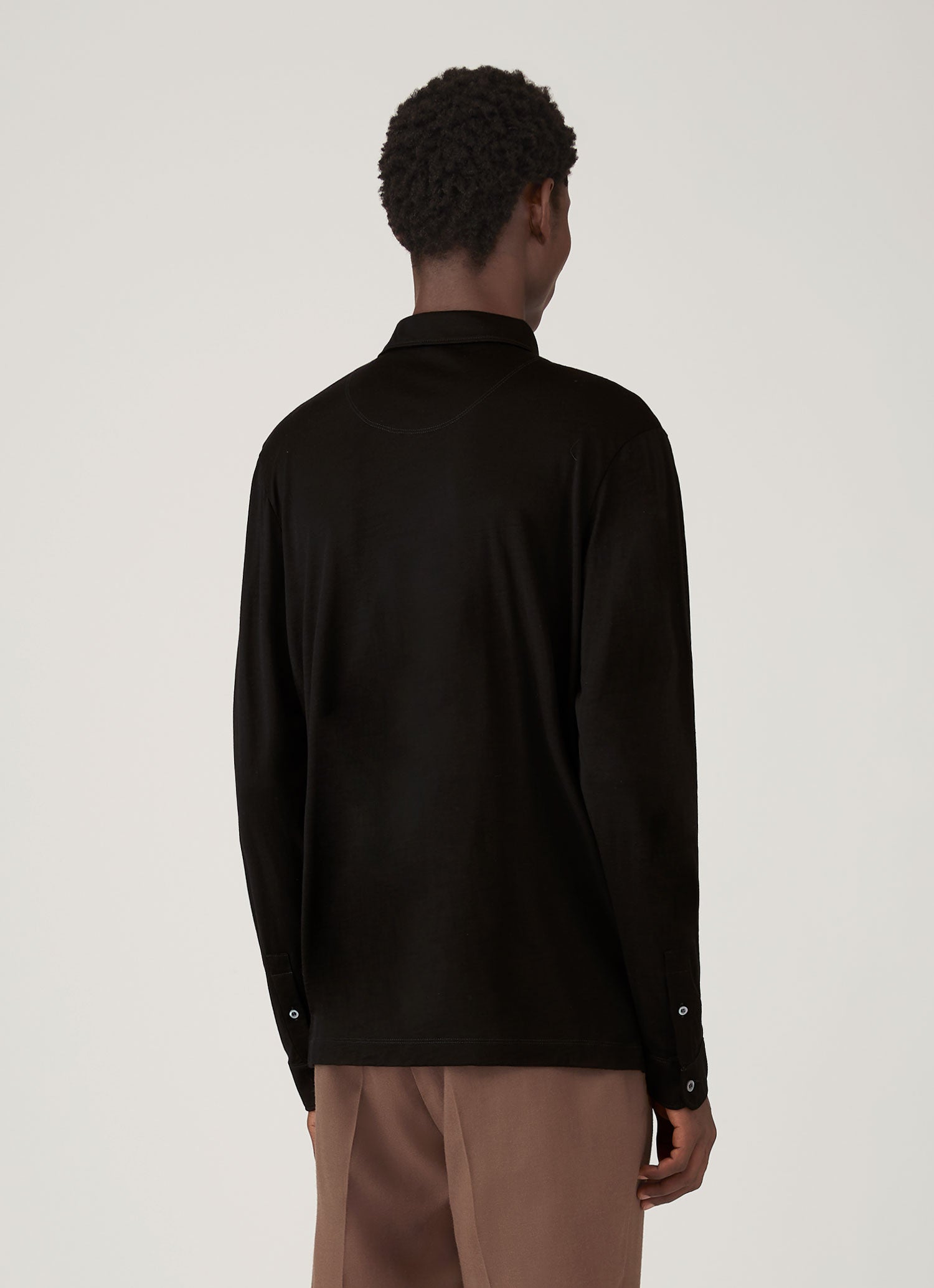 Men's Long Sleeve Ultra-Fine Merino Polo Shirt in Black | Sunspel