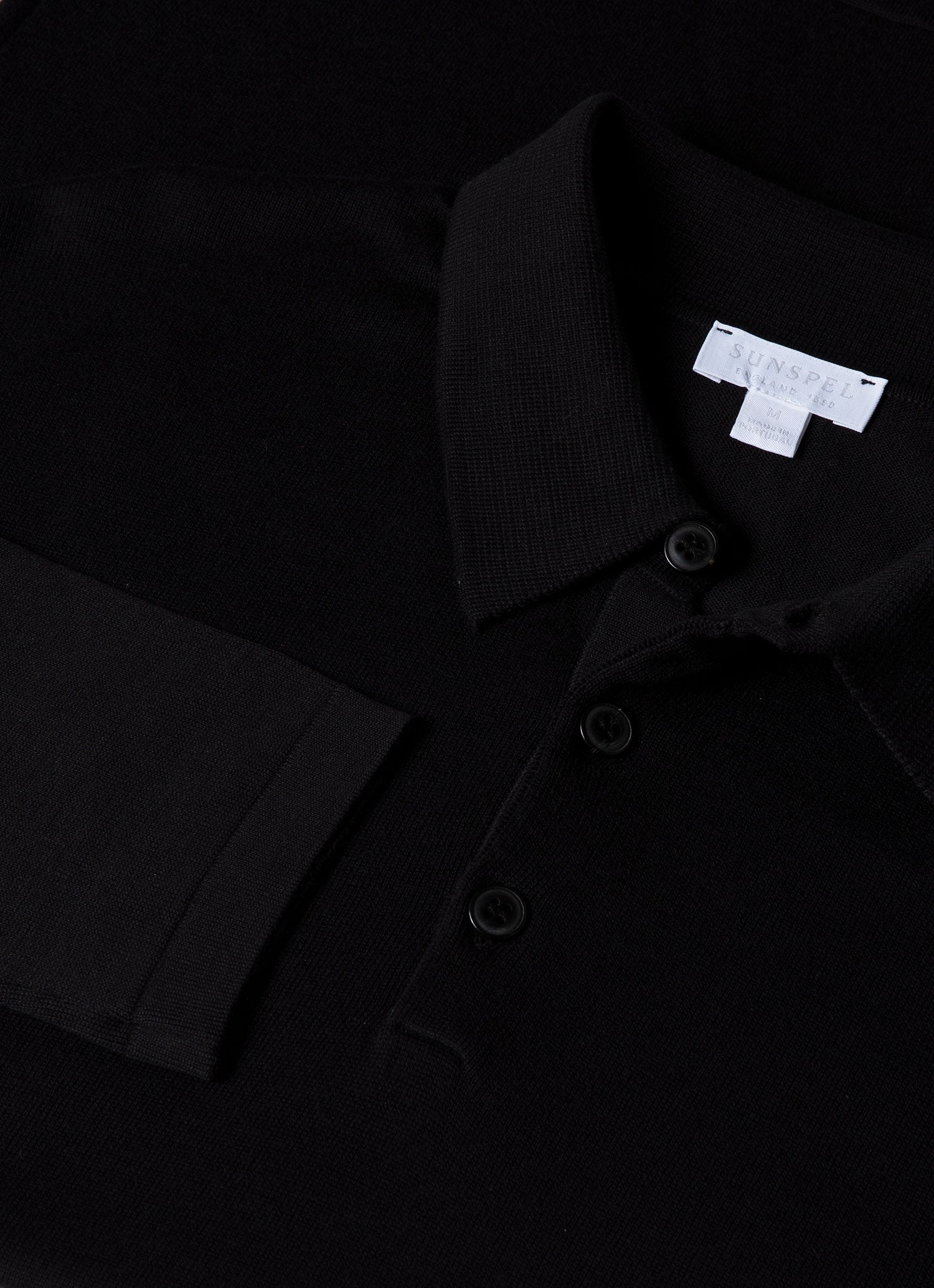 Men's Long Sleeve Sea Island Cotton Polo Shirt in Black | Sunspel