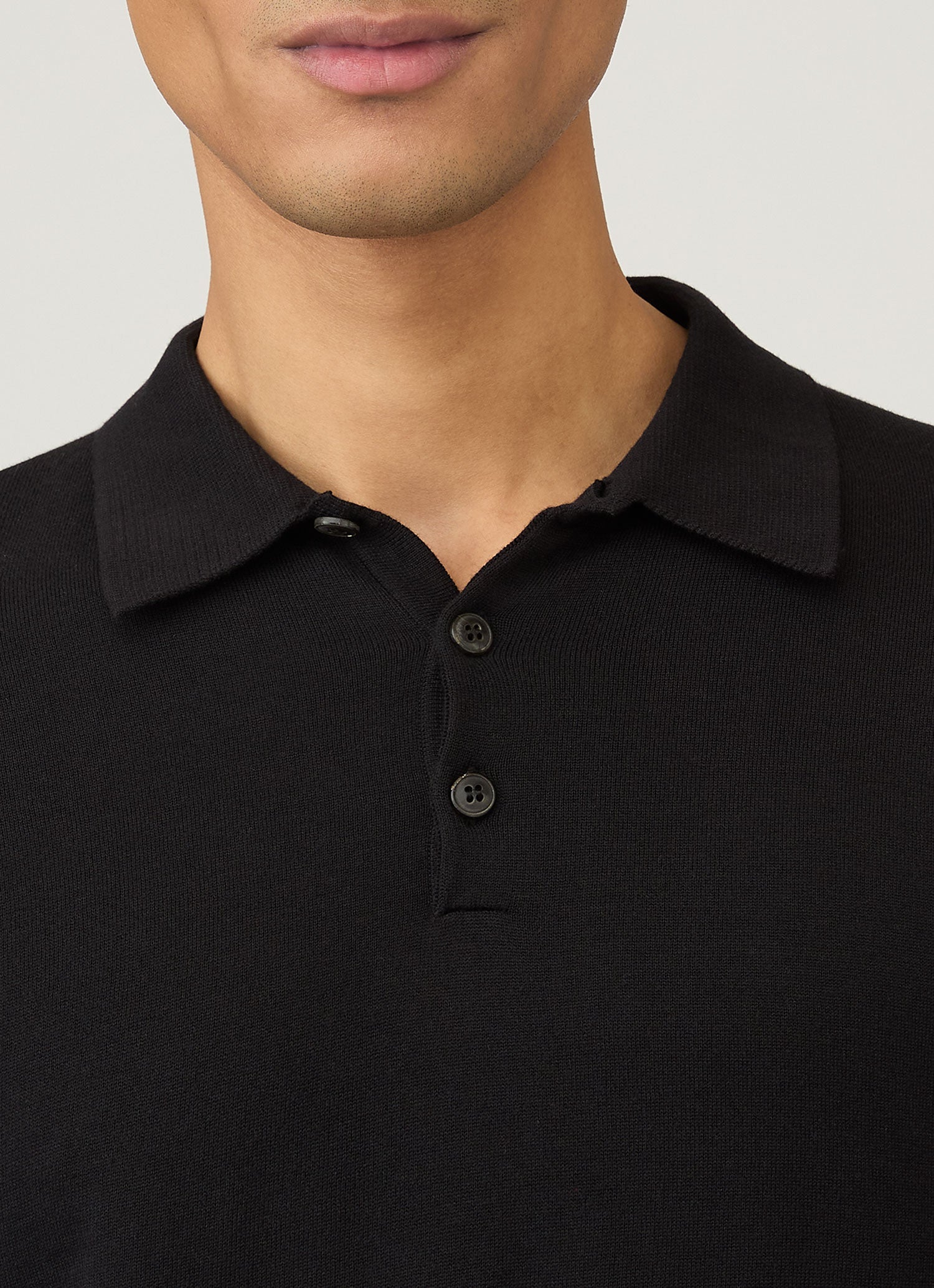 Men's Long Sleeve Sea Island Cotton Knit Polo Shirt in Black | Sunspel