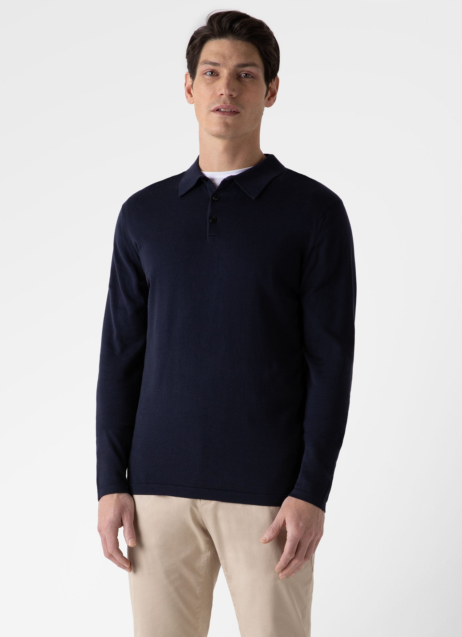 Men's Sea Island Cotton Long Sleeve Polo Shirt in Light Navy
