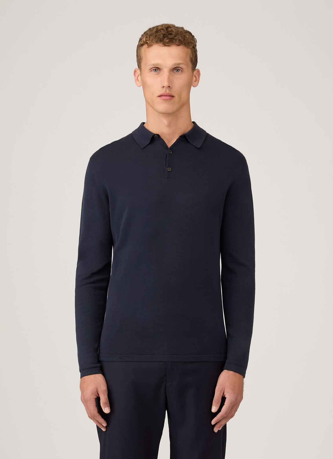 Men's Long Sleeve Sea Island Cotton Knit Polo Shirt in Light Navy