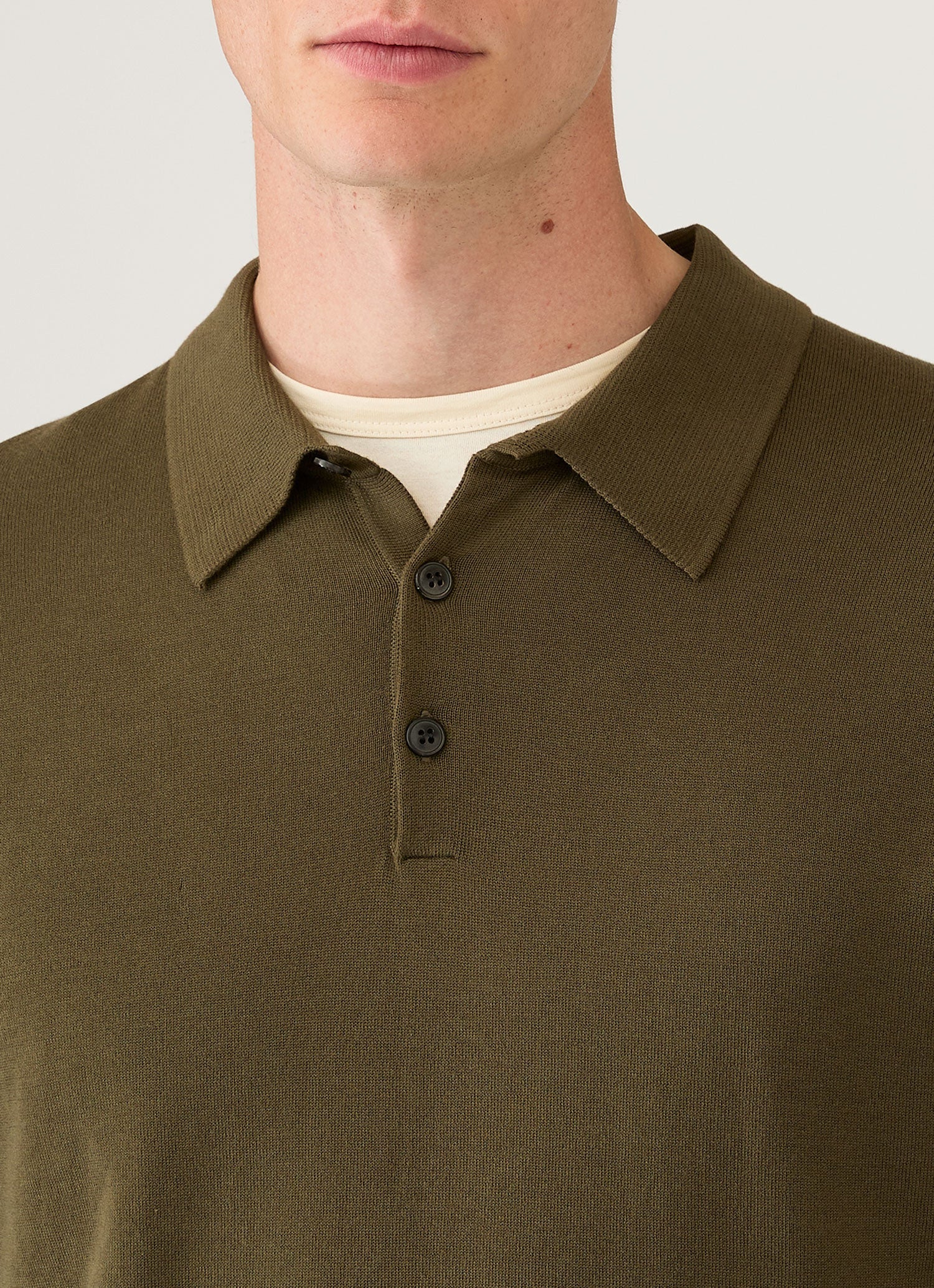 Men's Long Sleeve Sea Island Cotton Knit Polo Shirt in Deep Olive