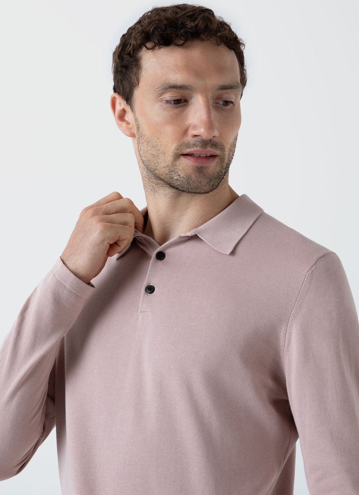 Men's Long Sleeve Sea Island Cotton Polo Shirt in Pale Pink