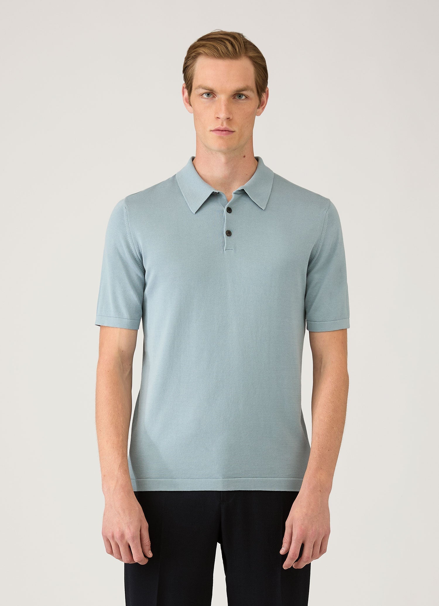 Men's Sea Island Cotton Knit Polo Shirt in Stone Blue | Sunspel