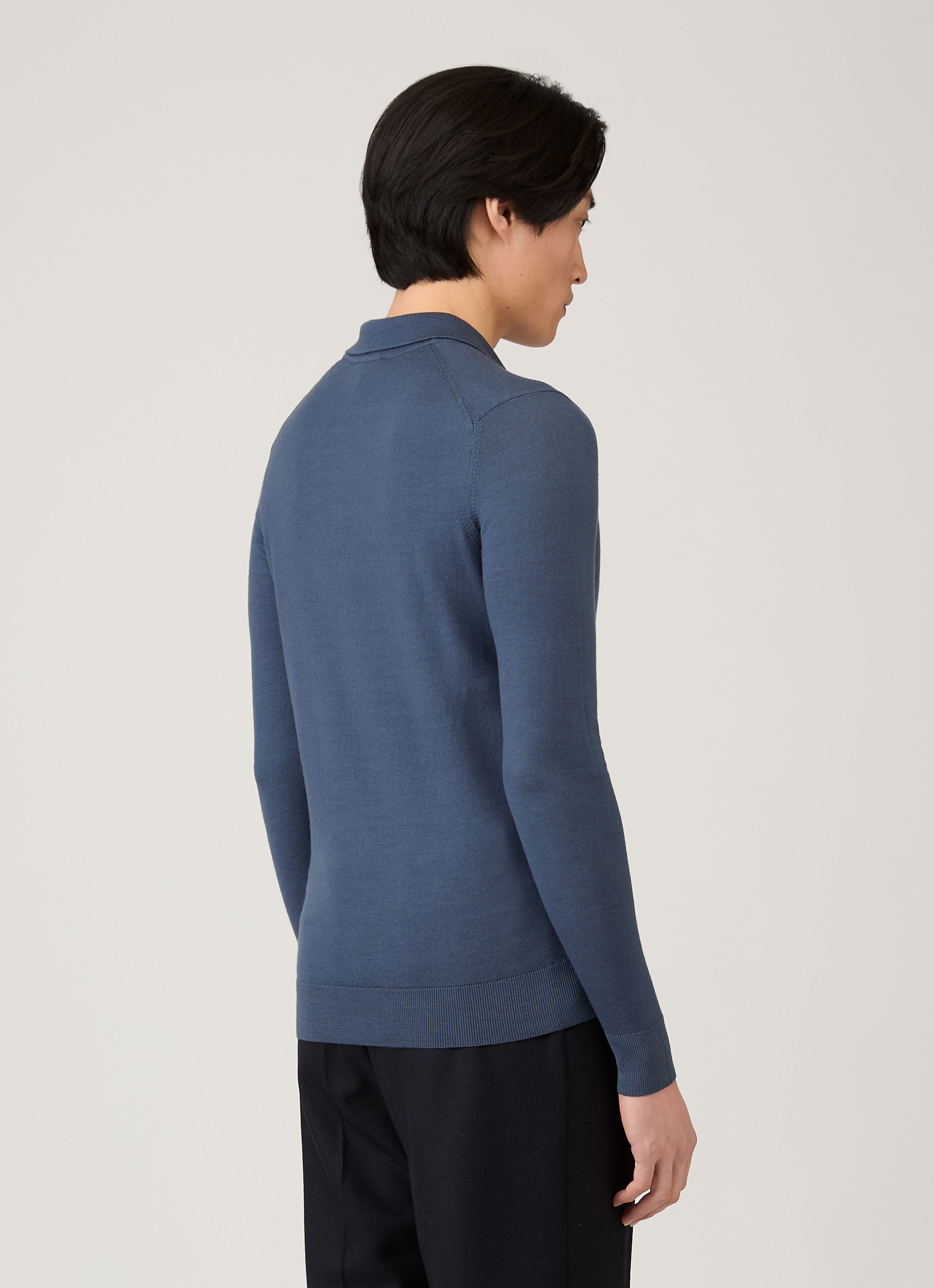 Men's Extra-Fine Merino Knitted Polo Shirt in Slate Blue | Sunspel