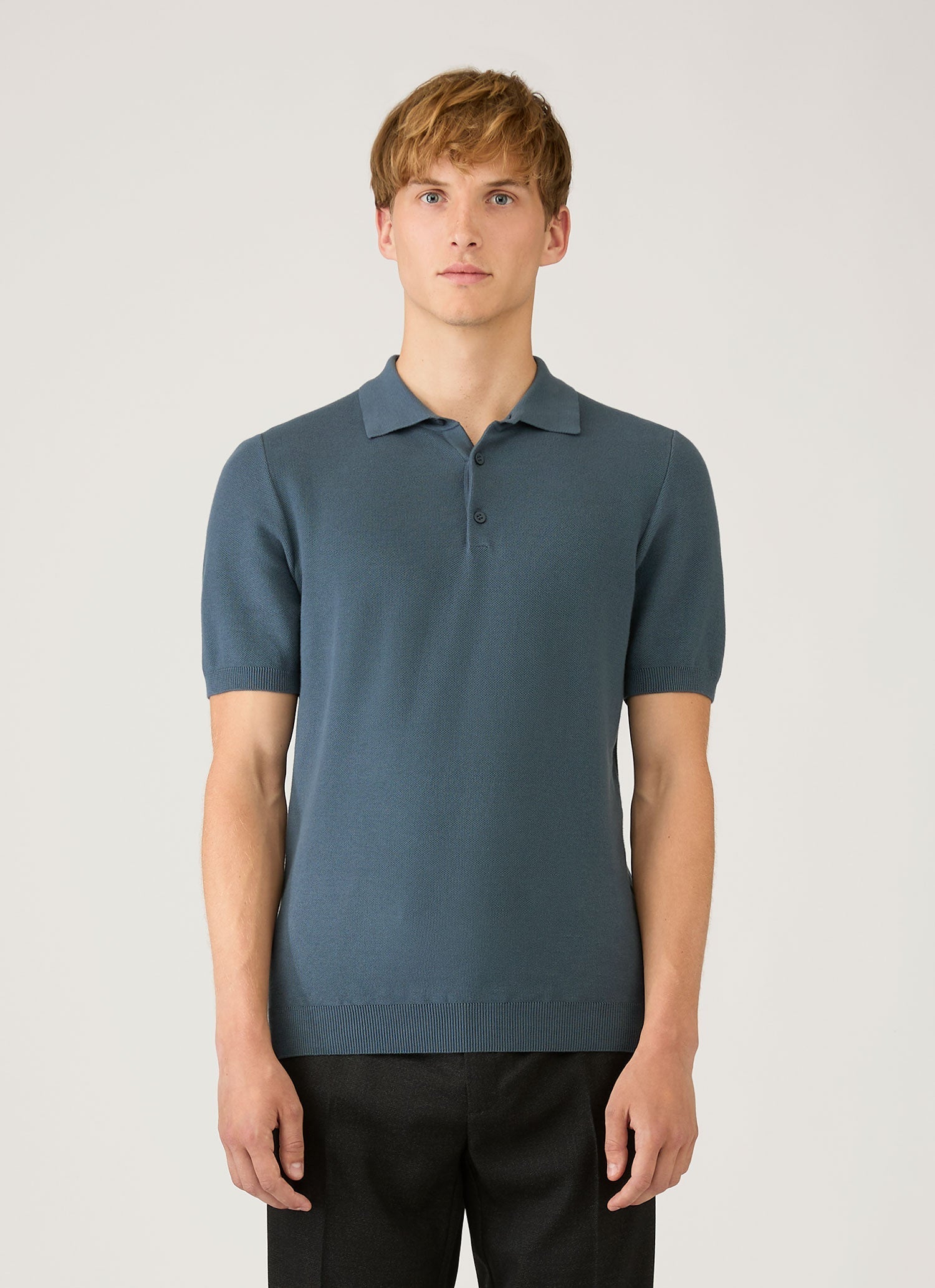 Men's Cotton Knit Polo Shirt in Slate Blue | Sunspel