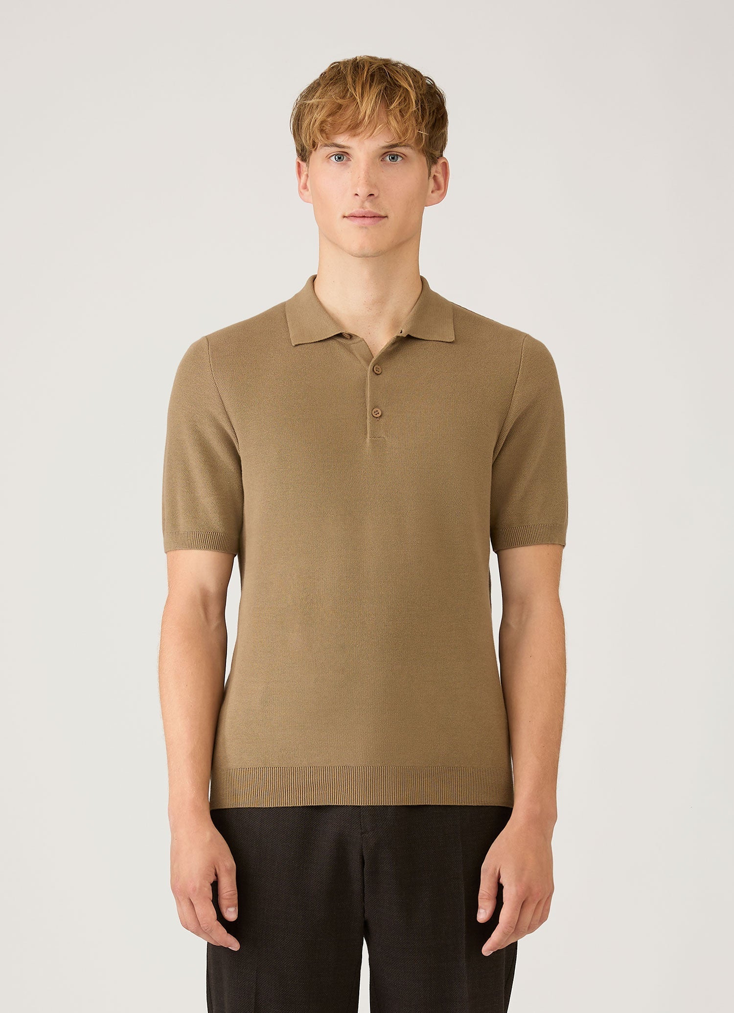 Men's Cotton Knit Polo Shirt in Dark Stone | Sunspel