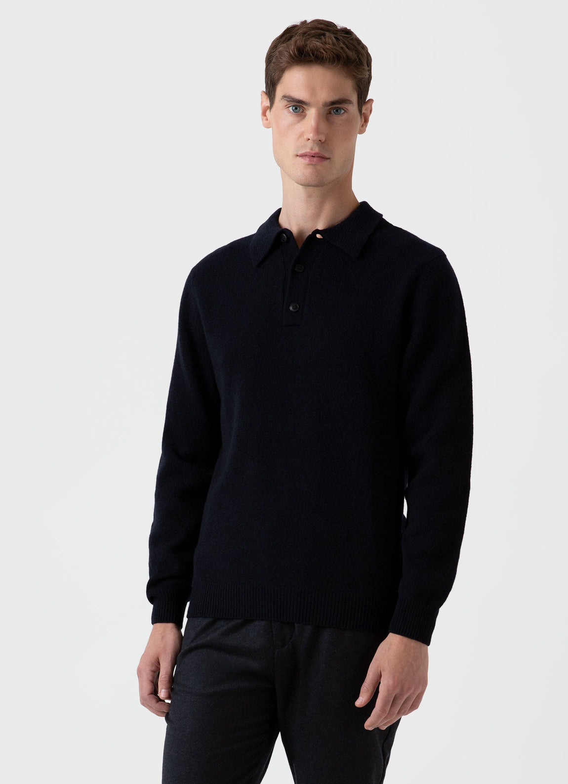 Men's Lambswool Polo Shirt in Dark Navy Mouline | Sunspel