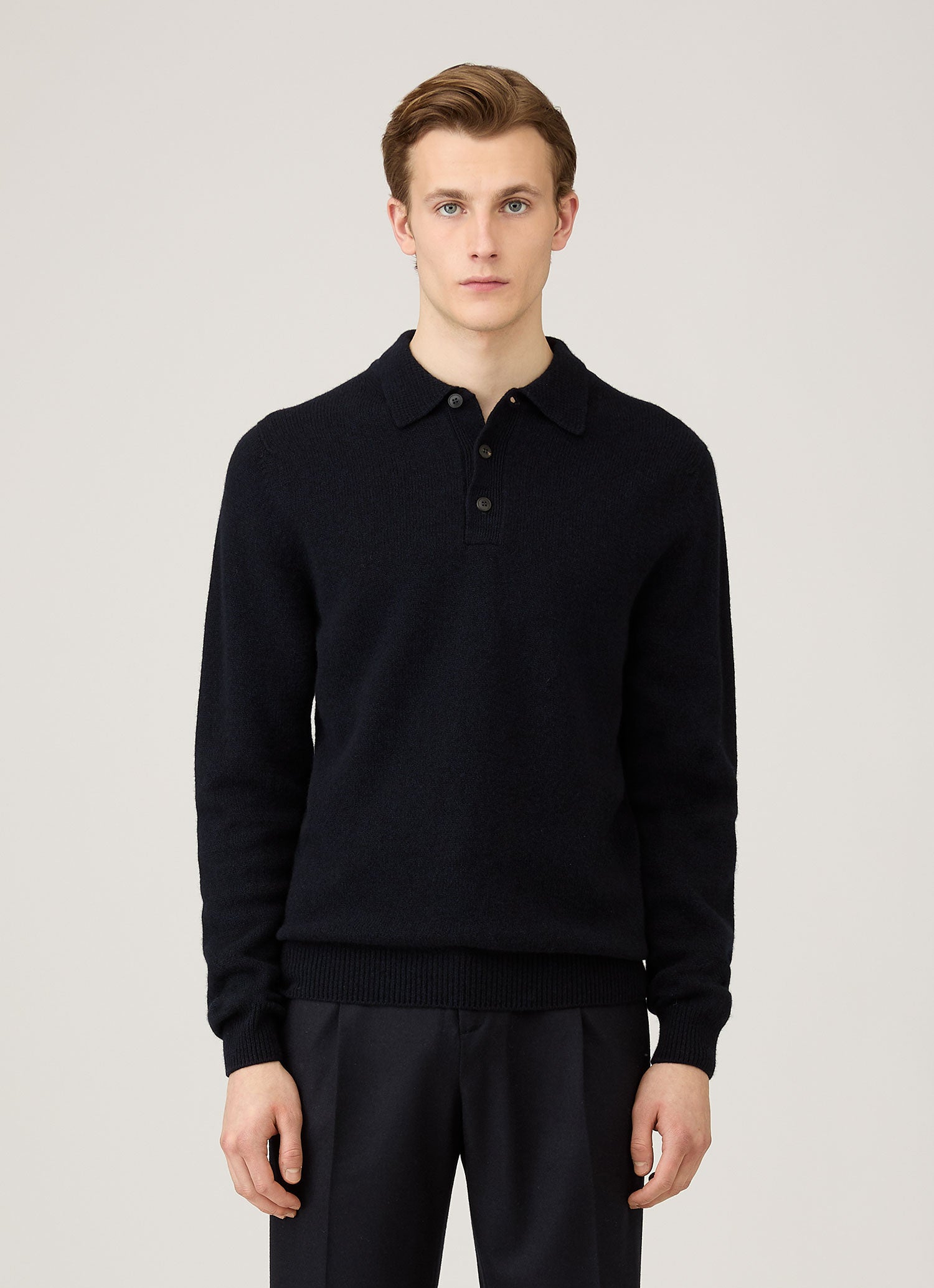 Men's Lambswool Knitted Polo Shirt in Dark Navy Mouline | Sunspel
