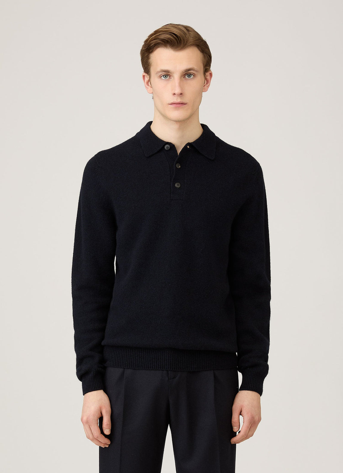 Men's Lambswool Polo Shirt in Dark Navy Mouline