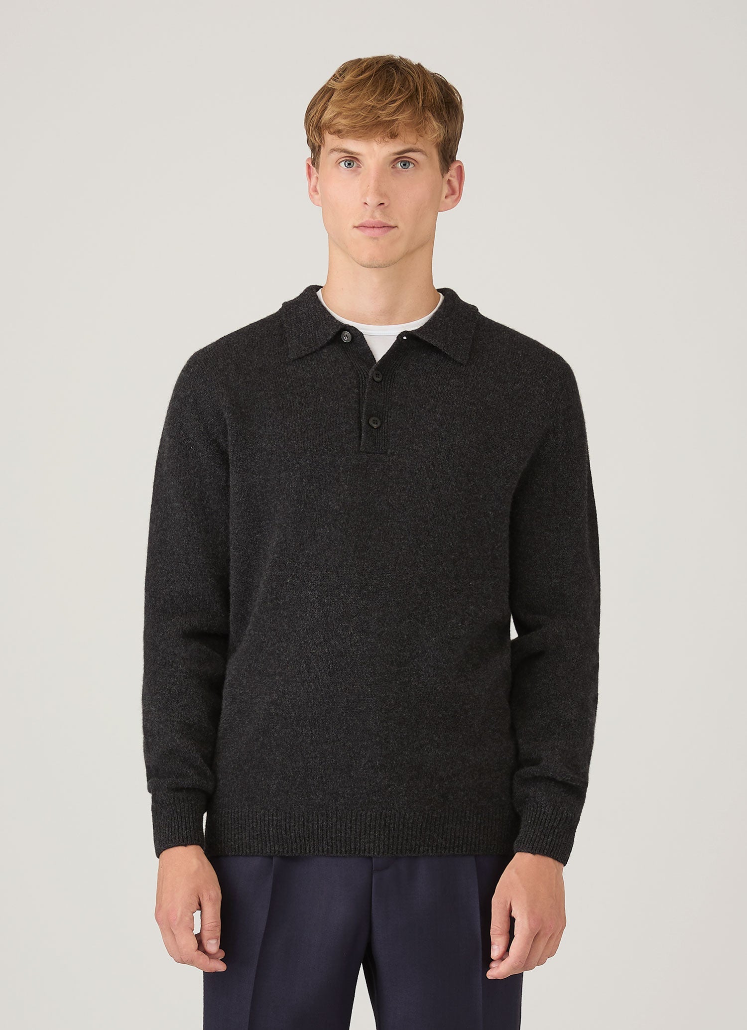 Men's Lambswool Knitted Polo Shirt in Charcoal Melange | Sunspel