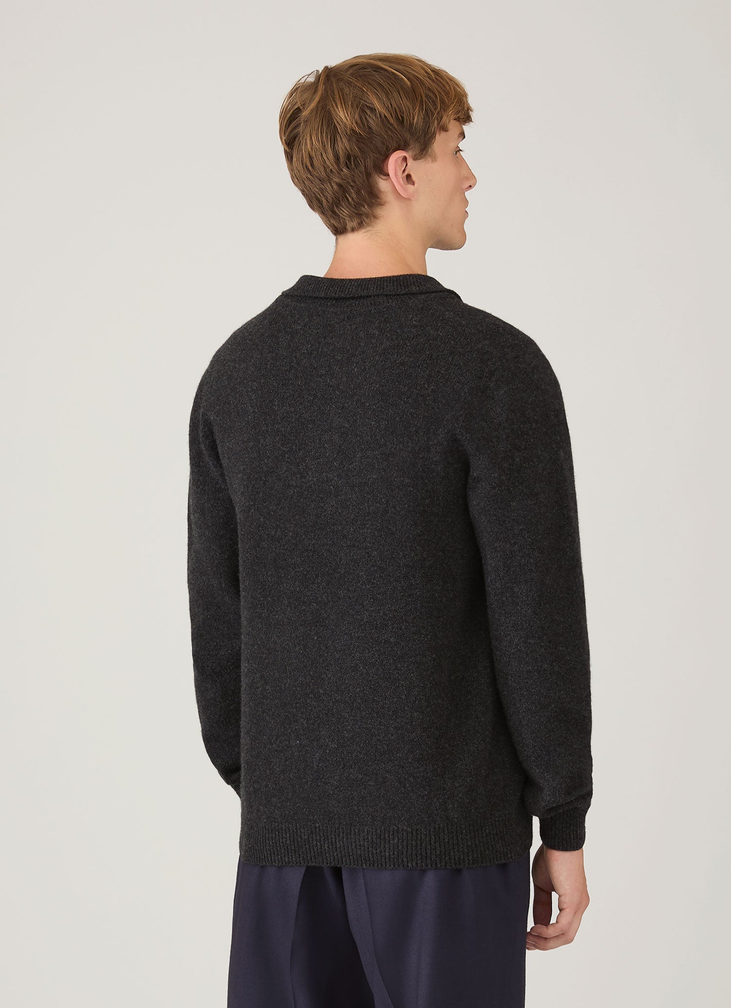 Men's Lambswool Knitted Polo Shirt in Charcoal Melange | Sunspel