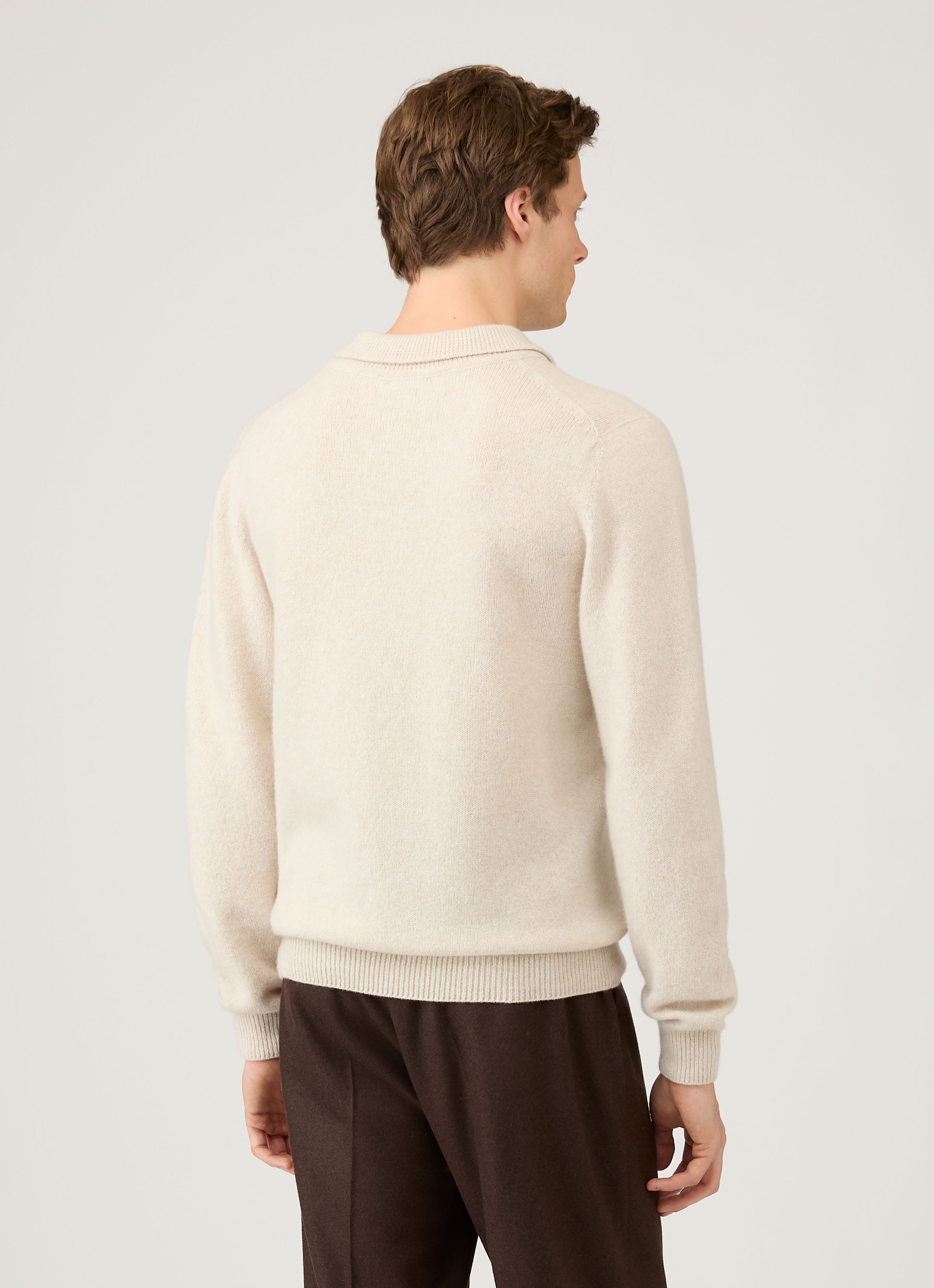 Men's Lambswool Knitted Polo Shirt in Oatmeal Melange | Sunspel