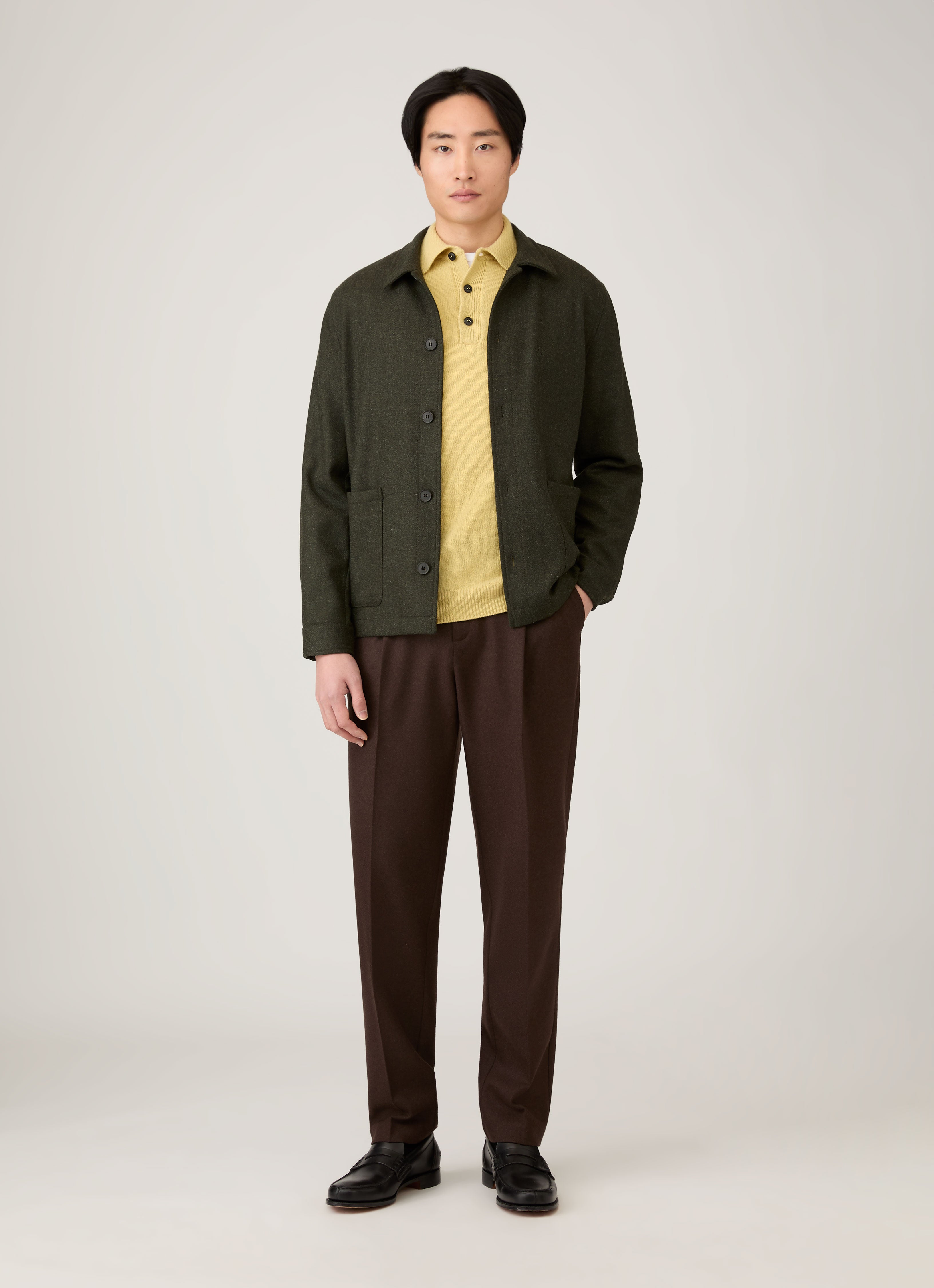 Men's Lambswool Knitted Polo Shirt in Dusty Yellow | Sunspel