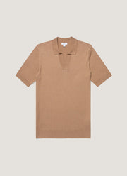 Men's Fine Rib Silk Cotton Polo Shirt in Dune