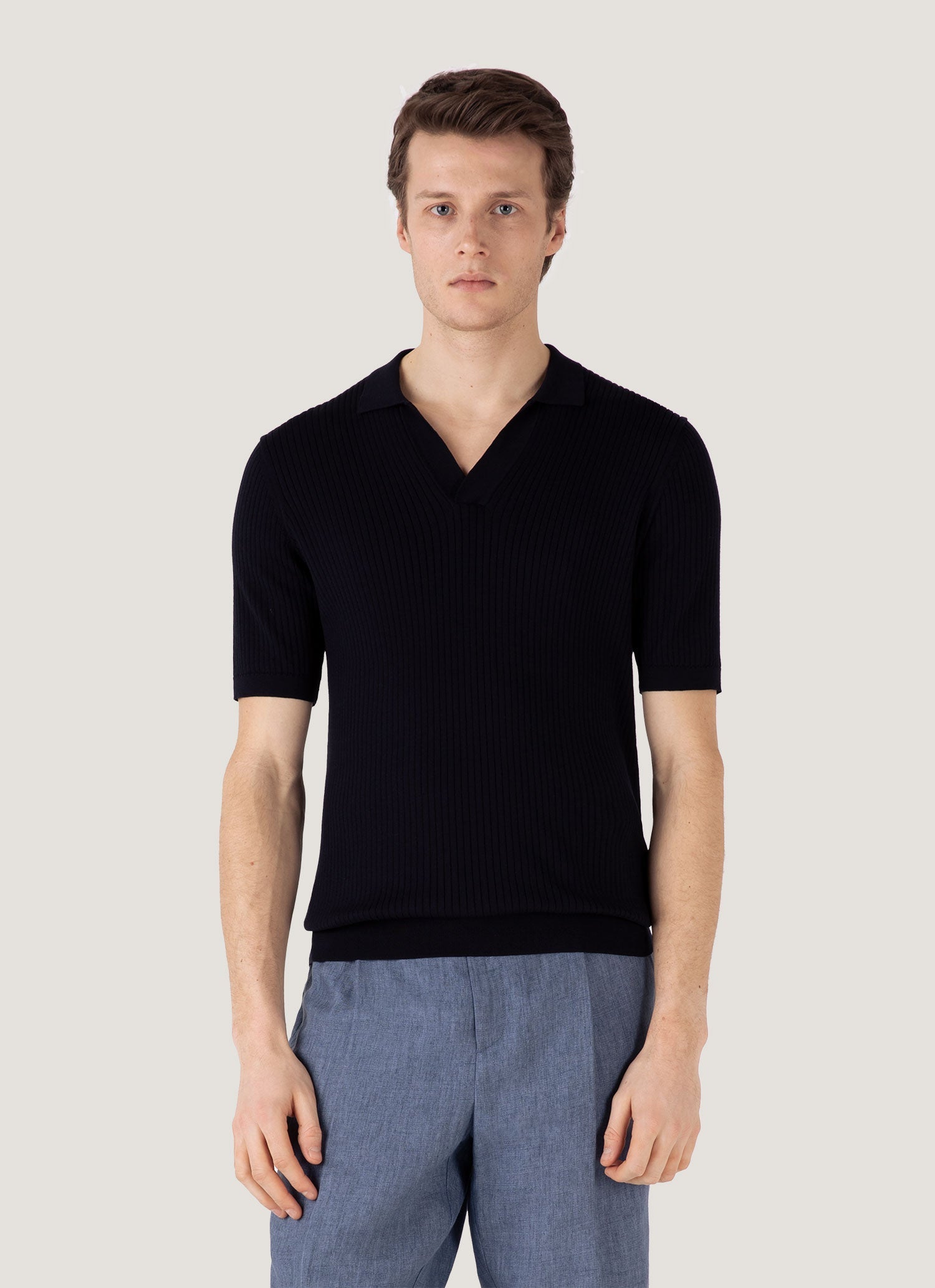 Men's Fine Rib Silk Cotton Polo in Navy | Sunspel