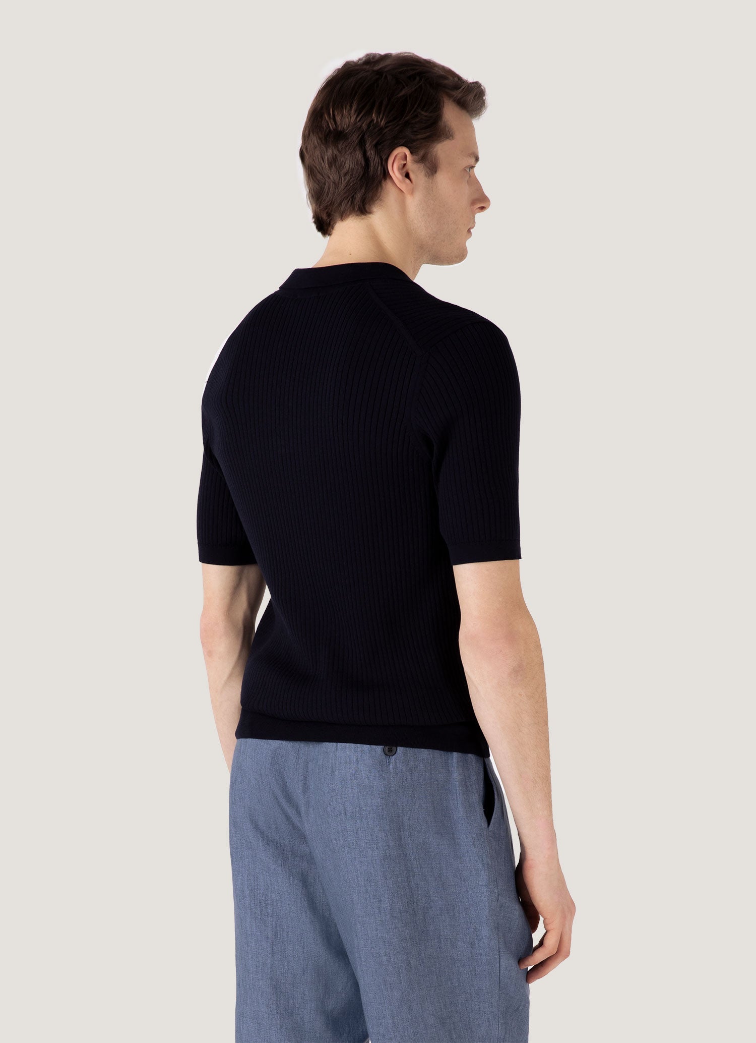 Men's Fine Rib Silk Cotton Polo in Navy | Sunspel