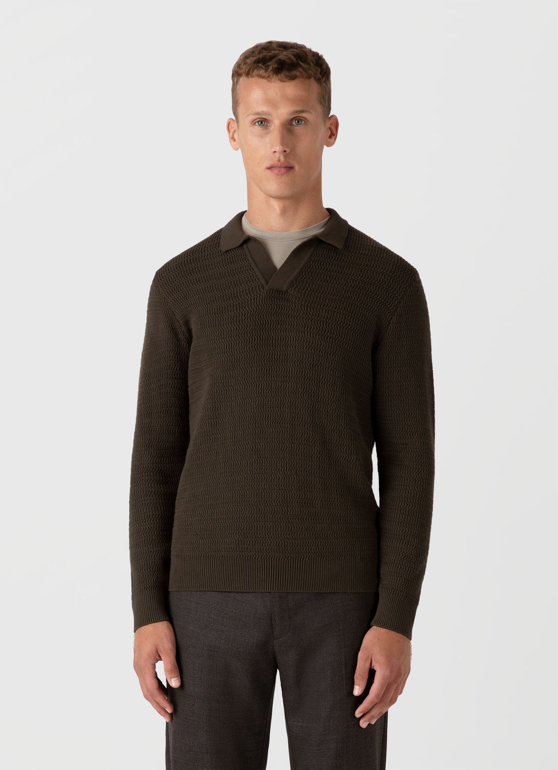 Men's Long Sleeve Textured Cotton Polo Shirt in Khaki