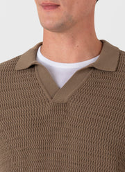 Men's Long Sleeve Textured Cotton Polo Shirt in Dark Stone