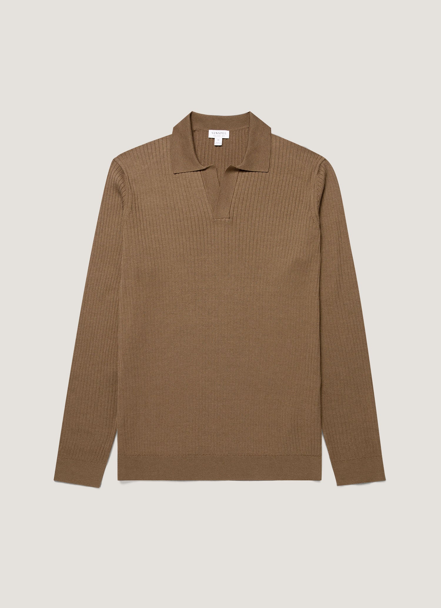 Men's Long Sleeve Fine Rib Silk Cotton Polo in Dark Cedar