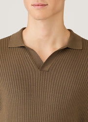 Men's Long Sleeve Fine Rib Silk Cotton Polo in Dark Cedar