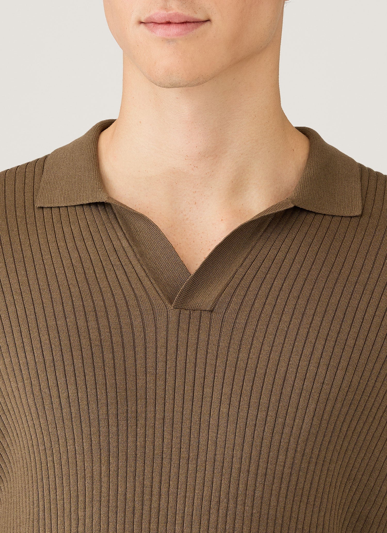Men's Long Sleeve Fine Rib Silk Cotton Polo in Dark Cedar