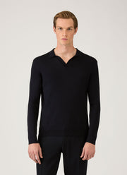 Men's Long Sleeve Fine Rib Silk Cotton Polo in Navy