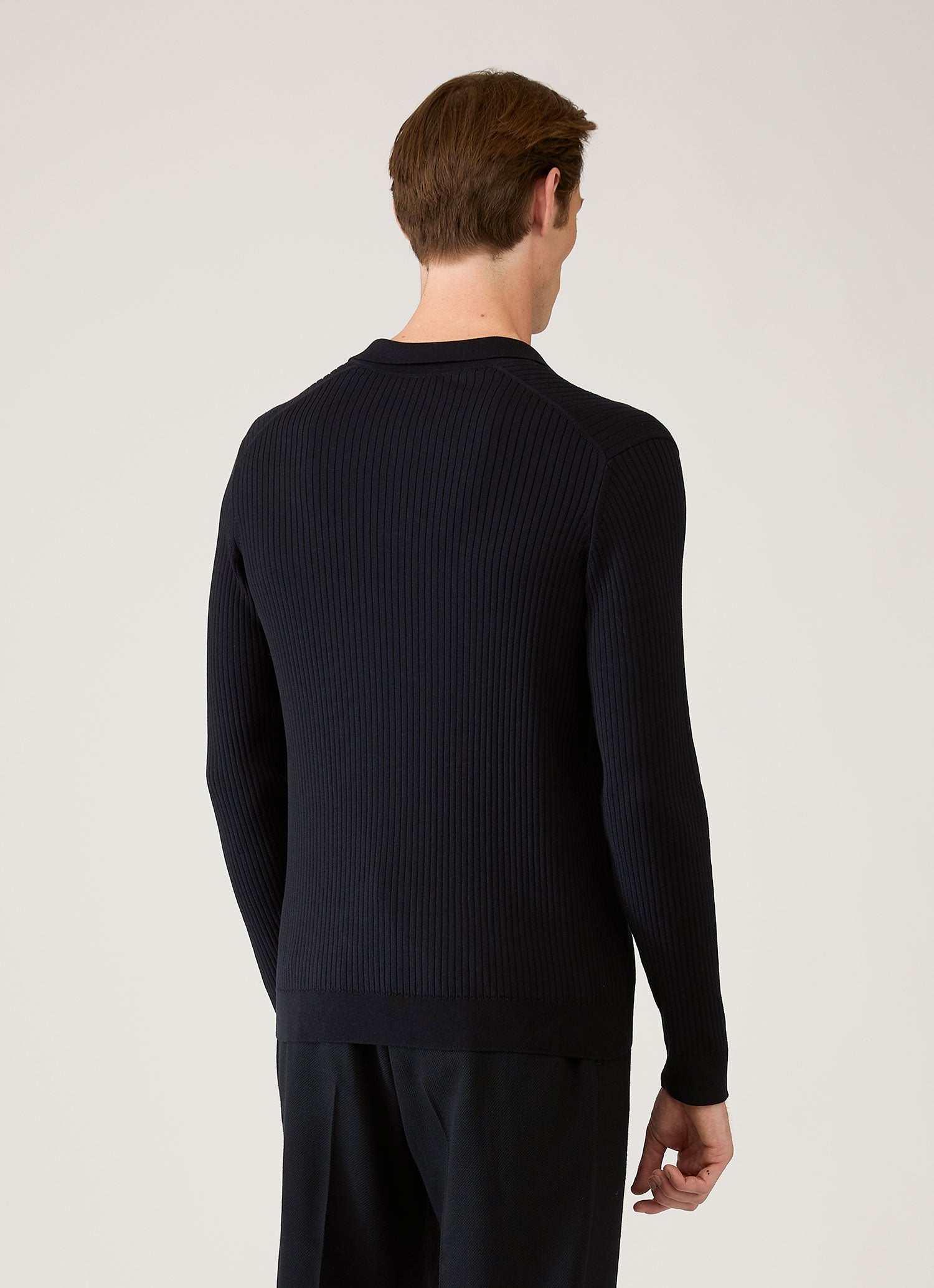 Men's Long Sleeve Fine Rib Silk Cotton Polo in Navy