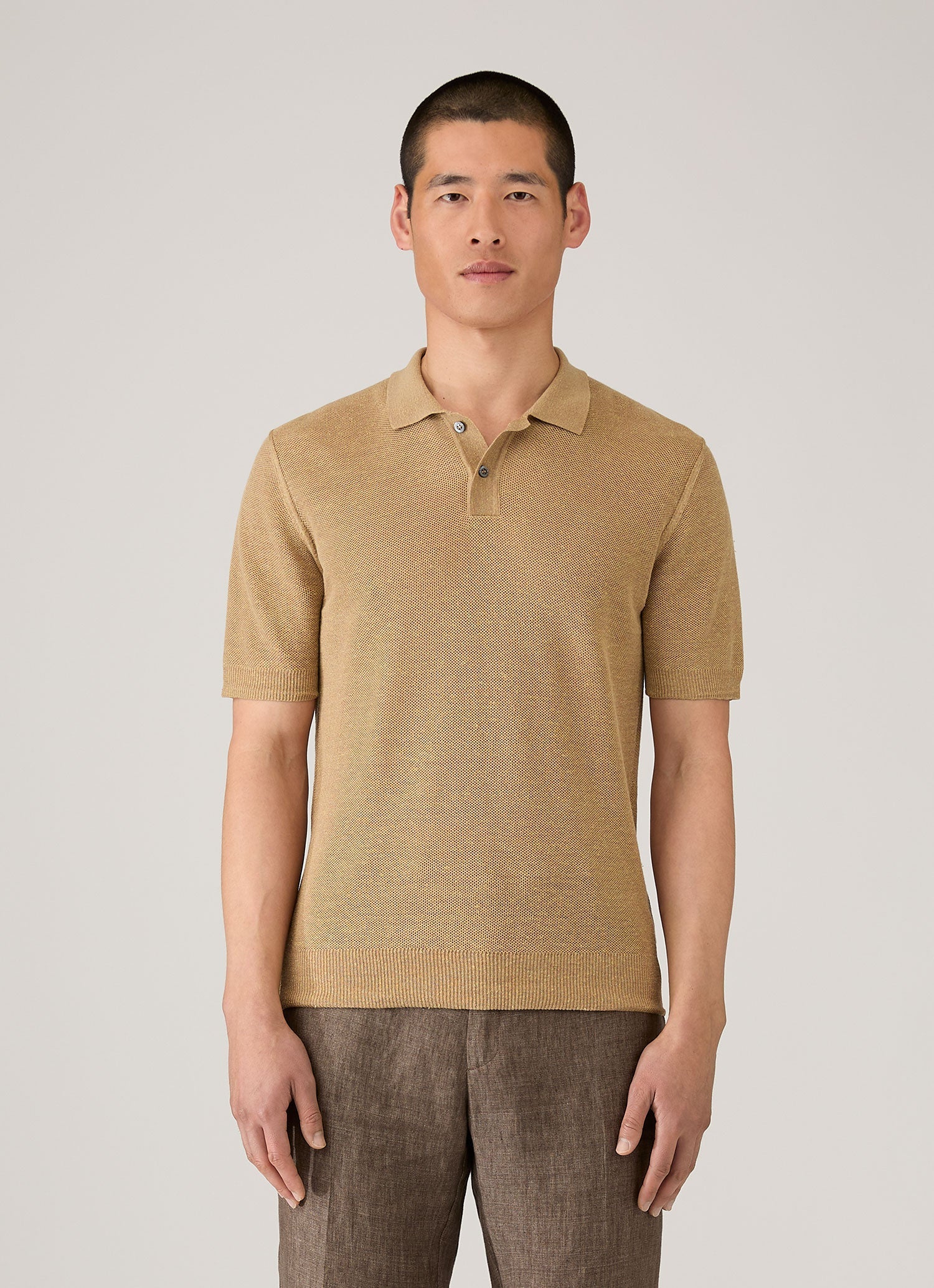Men's Silk Linen Honeycomb Polo in Hazelwood | Sunspel