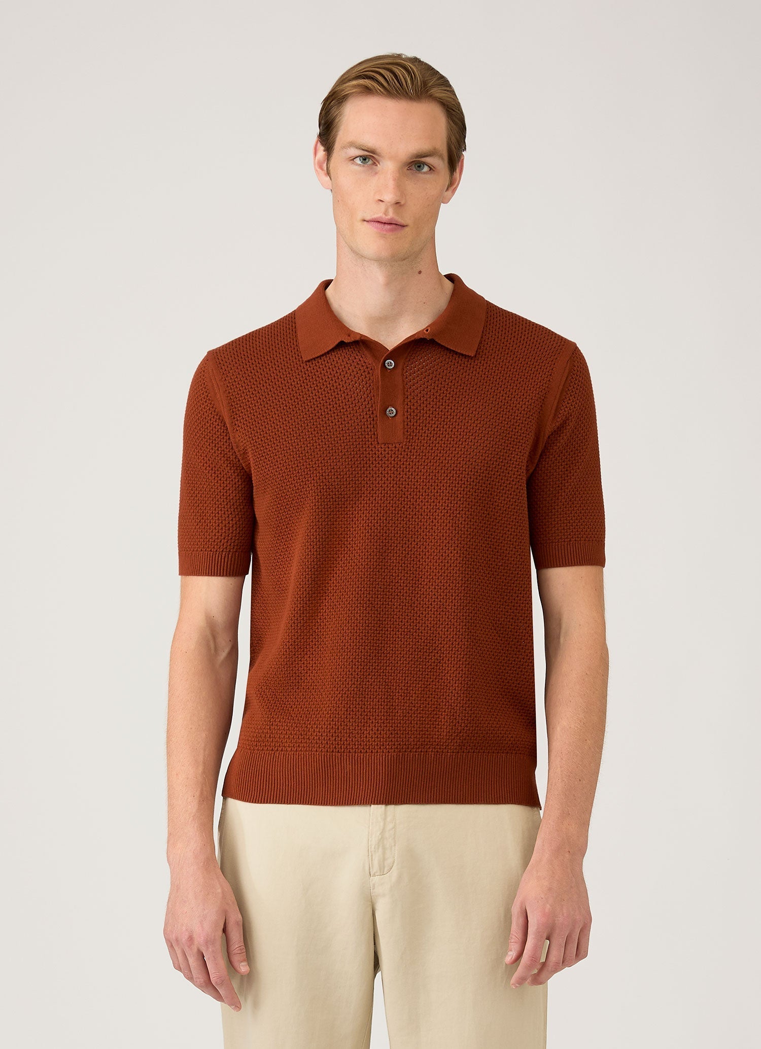 Men's Cotton Mesh Polo Shirt in Rust | Sunspel