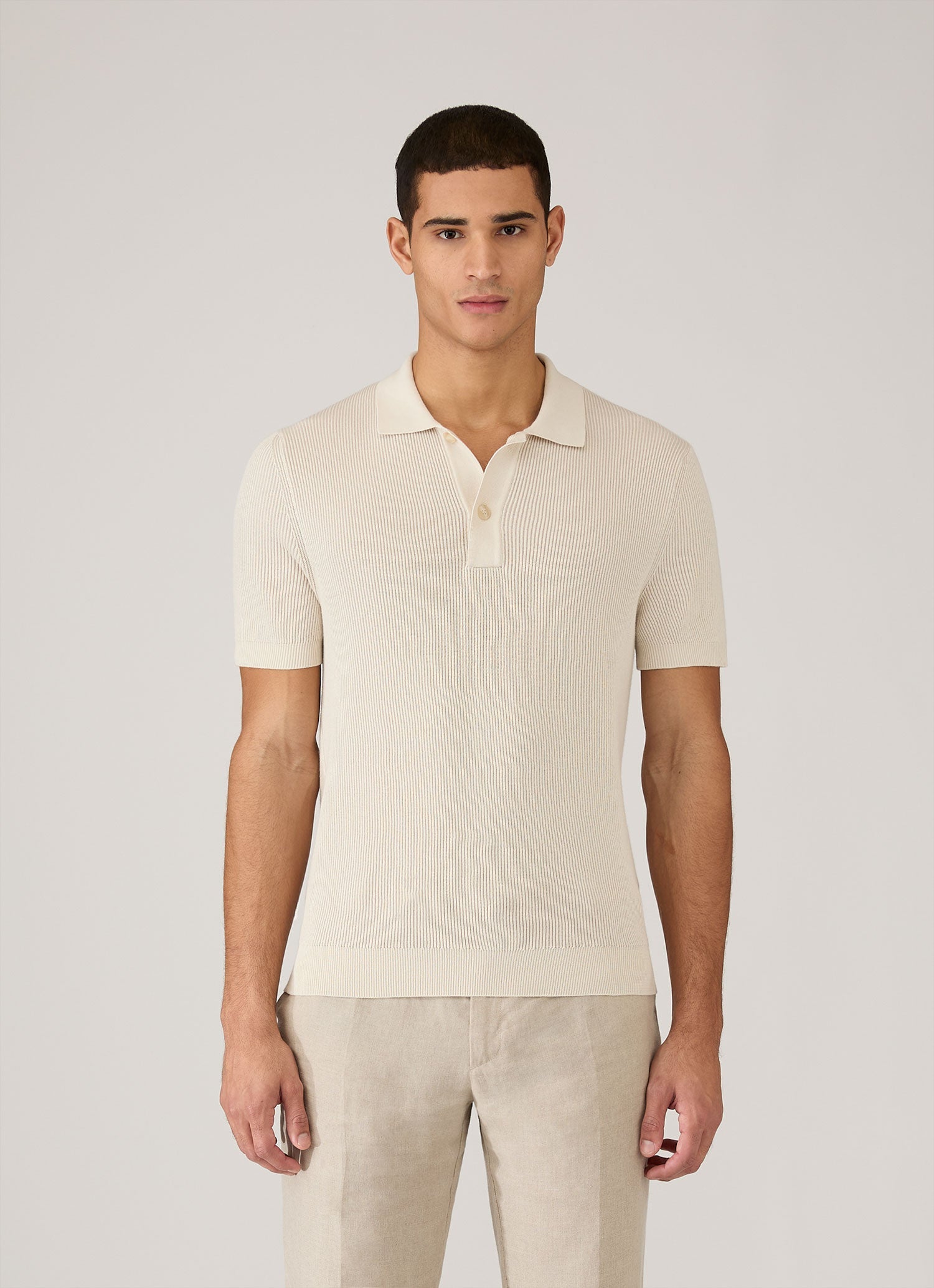 Men's Contrast Rib Polo Shirt in Ecru | Sunspel