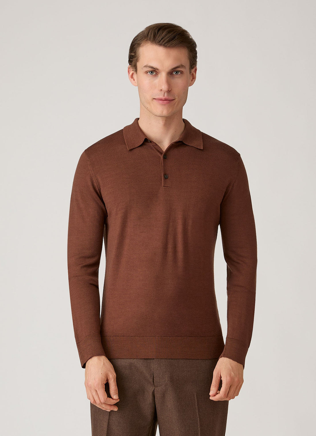 Men's Extra-Fine Merino Knitted Polo Shirt in Chestnut