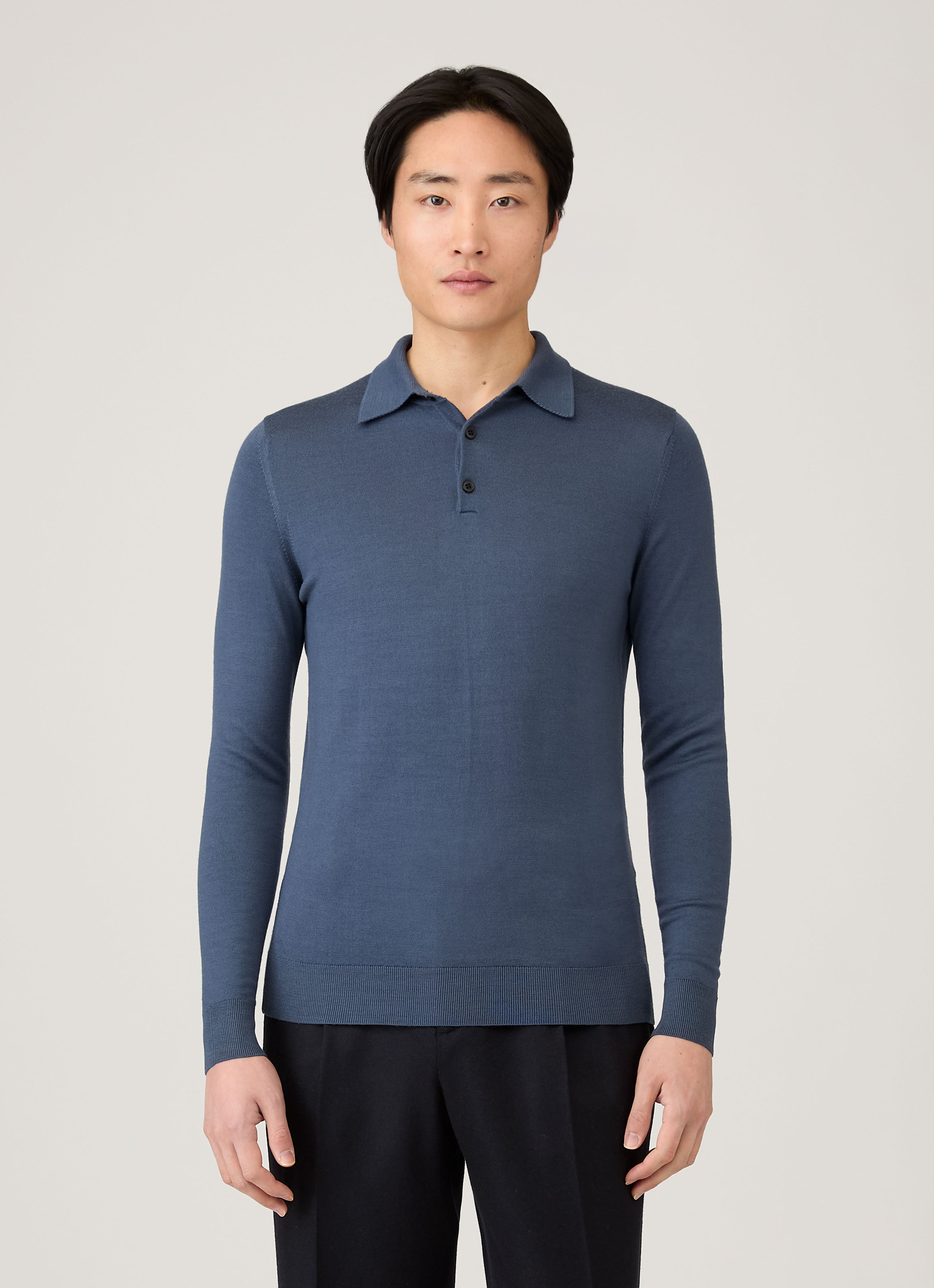 Men's Extra‑Fine Merino Knitted Polo Shirt in Slate Blue | Sunspel