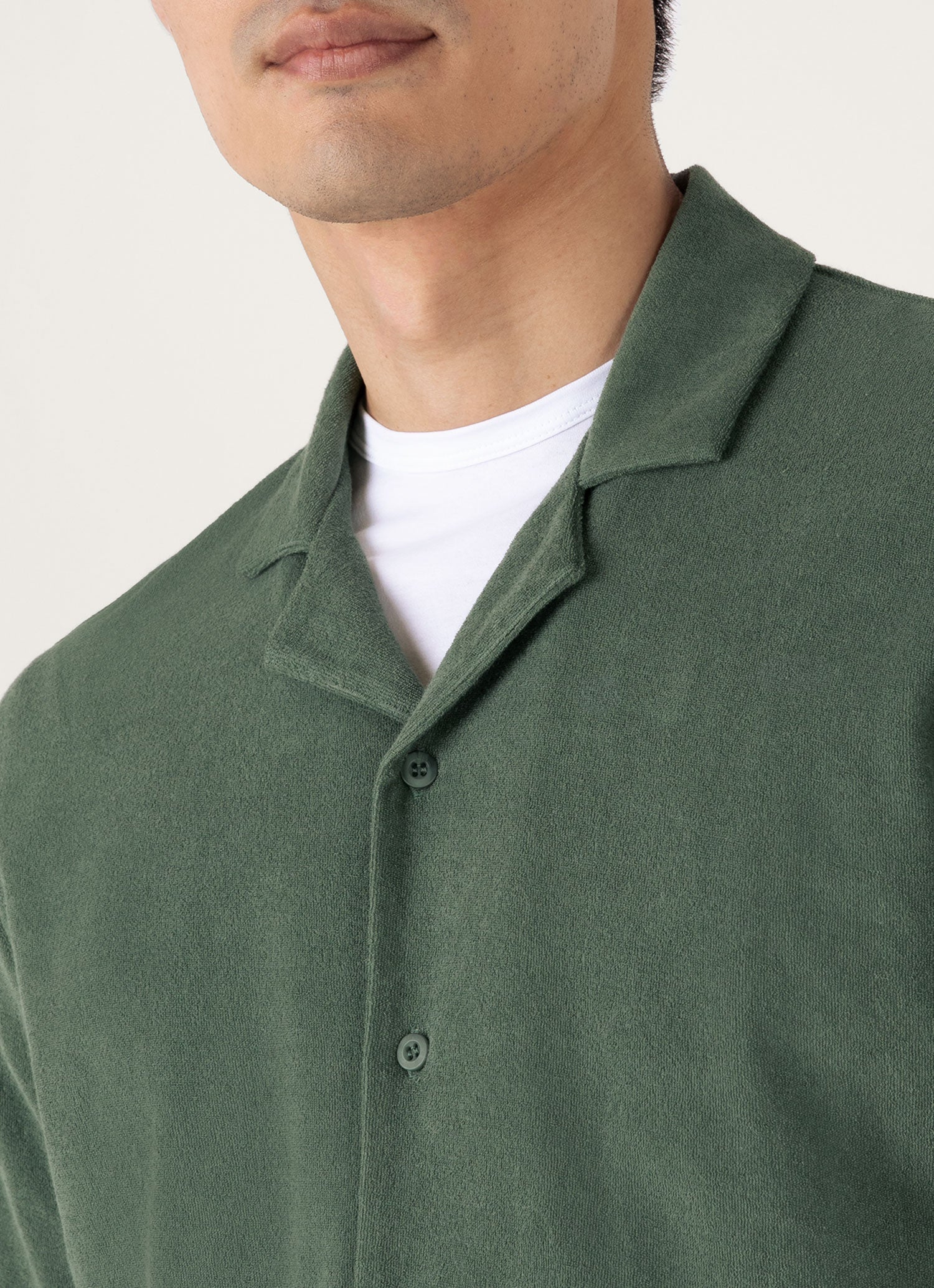 Men's Towelling Camp Collar Shirt in Dusk Green | Sunspel