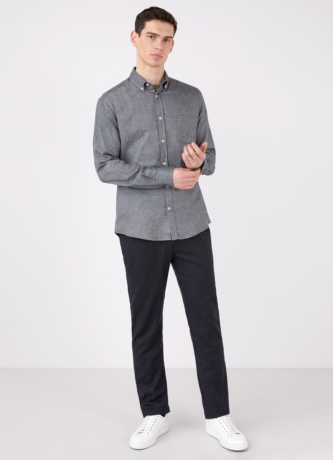 Men's Button Down Flannel Shirt in Mid Grey Melange