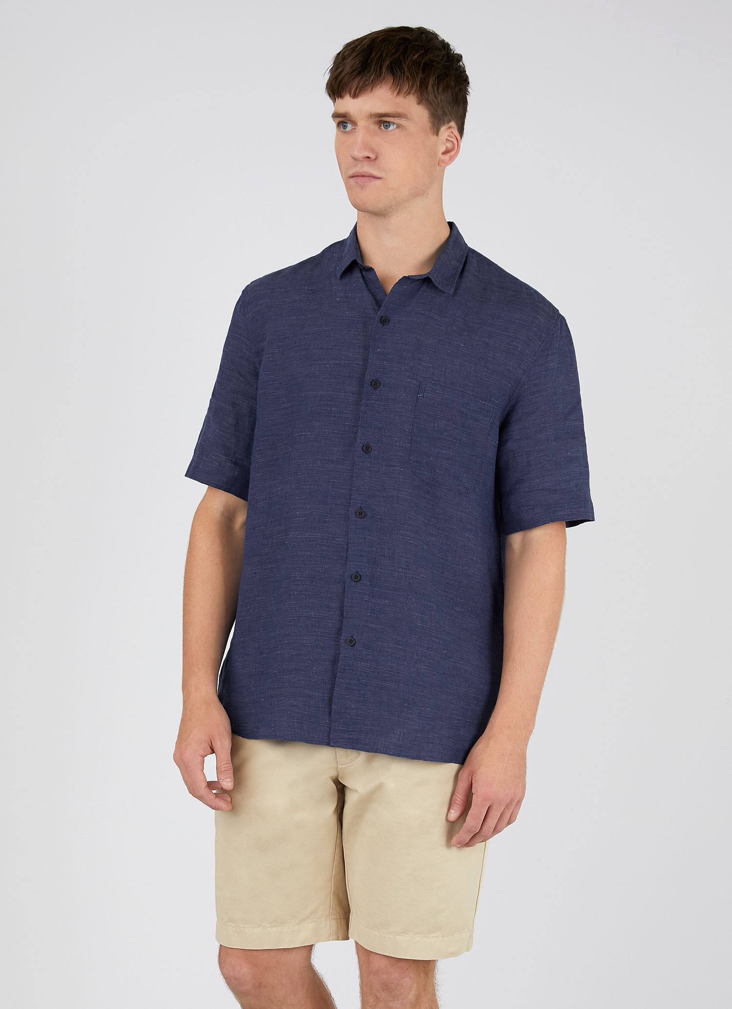 Men's Short Sleeve Linen Shirt in Navy Melange