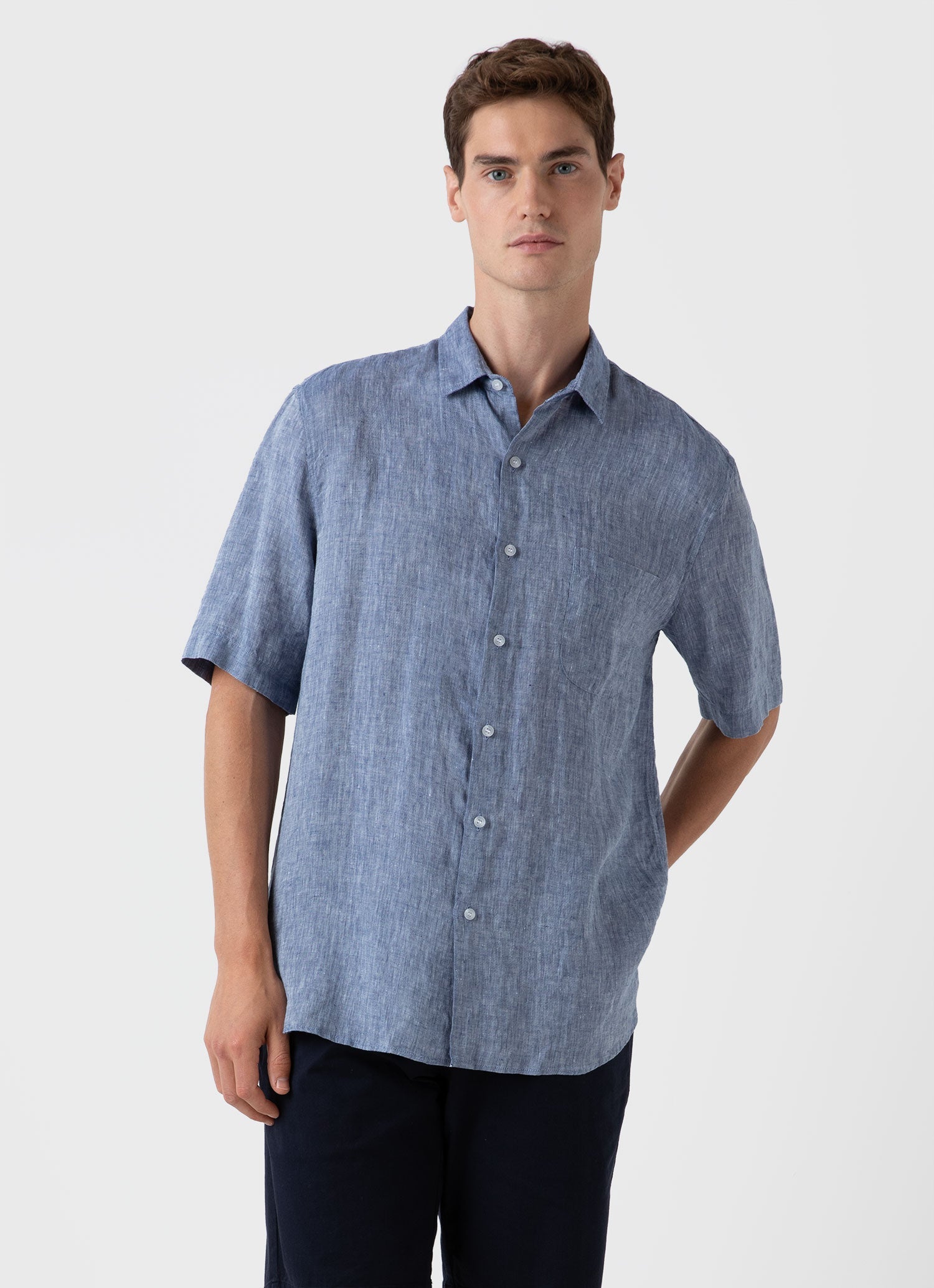 Men's Short Sleeve Linen Shirt in Bluestone Melange