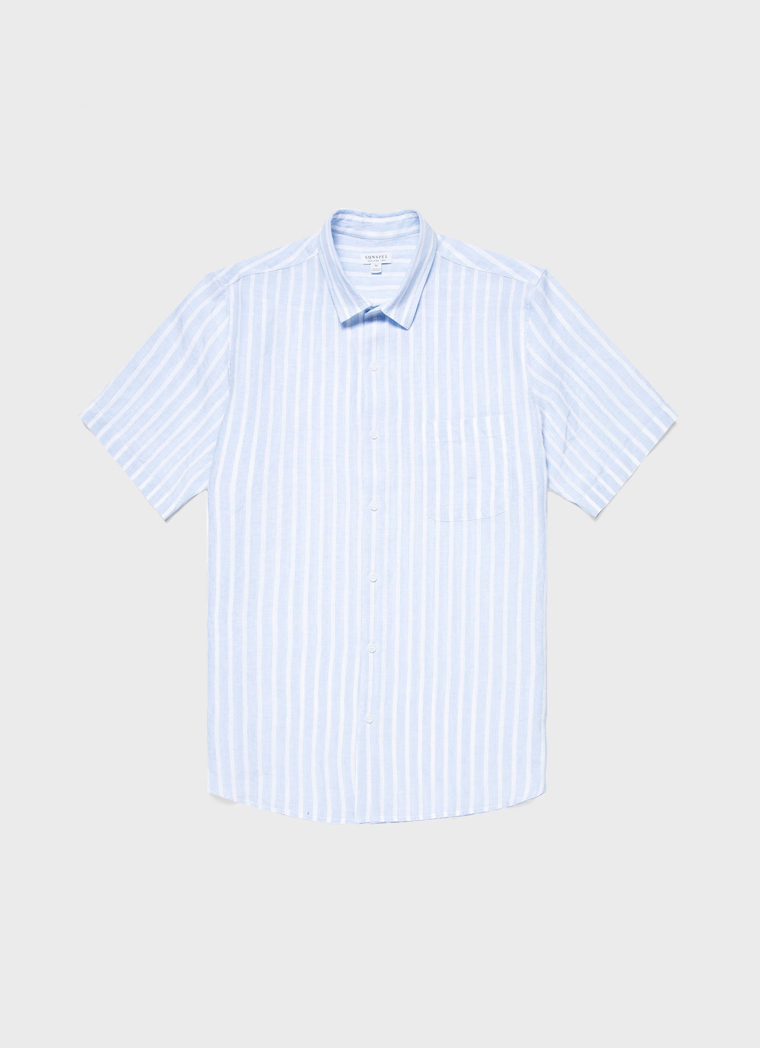 Men's Short Sleeve Linen Shirt in Light Blue/White | Sunspel